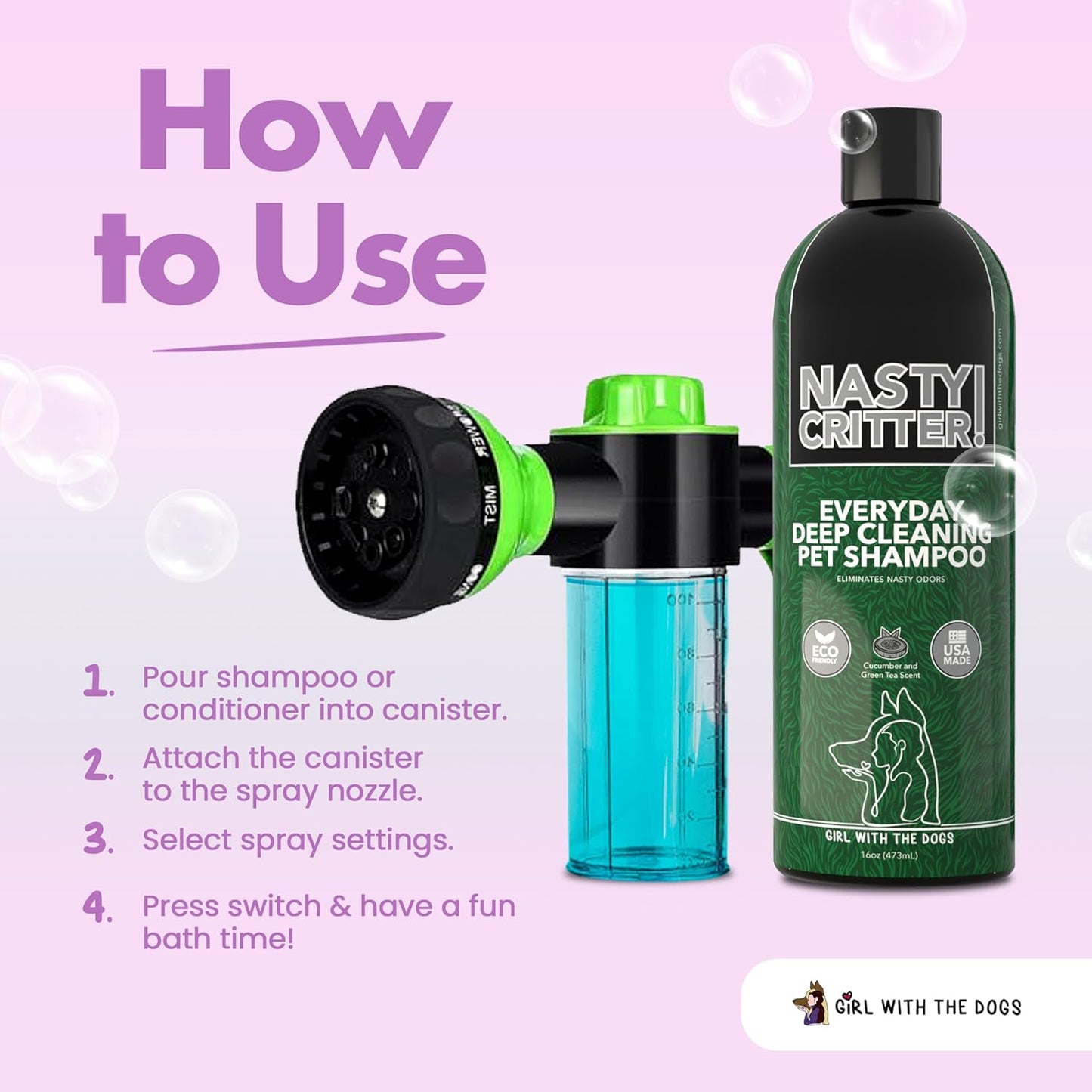 Soap & Shampoo Dispenser for Pet Wash and Garden Hose Sprayer Nozzle by Girl With The Dogs