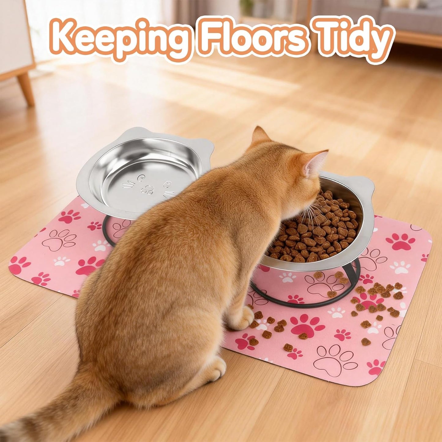 2-Pack Elevated Cat Bowls with Non-Slip Mat, 15°Tilted 7.1" Wide Raised Stainless Steel Cat Food Dishes, Whisker Friendly Bowls for Neck Stress-Free Anti-Vomiting Feeding for Cats & Small Dogs