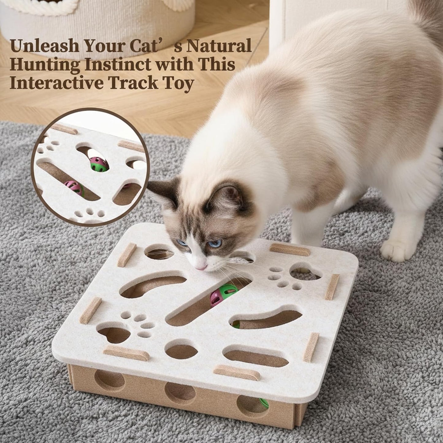 Interactive Cat Puzzle Feeder Toy - Felt Maze Box with 3 Jingle Balls for Indoor Cats Kittens | Mental Stimulation, Slow Feeding, Fun Exercise & Natural Hunting Instincts