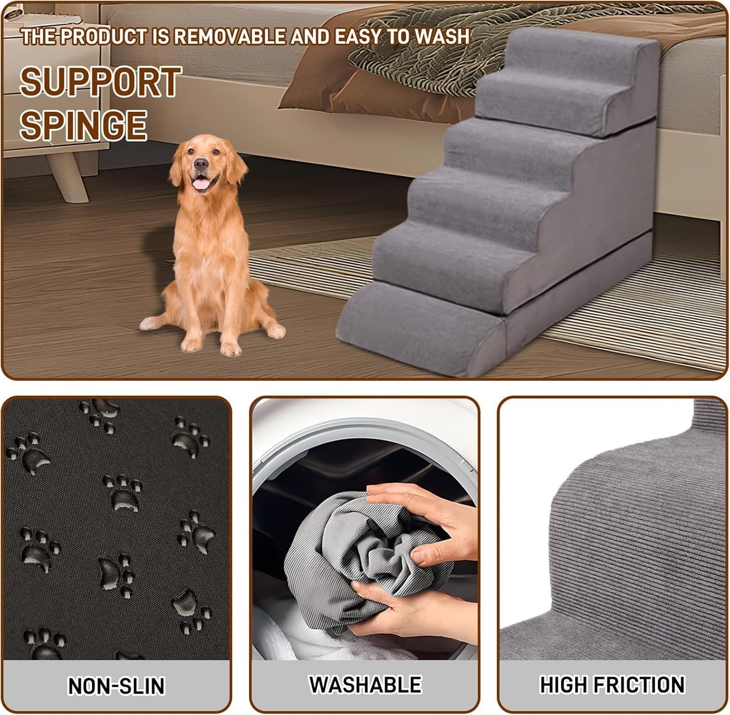 Dog Stairs for High Beds Up to 24-30",Non-Slip 6 Steps Pet Stairs for Small Medium Dogs & Senior Cat,Washable Cover