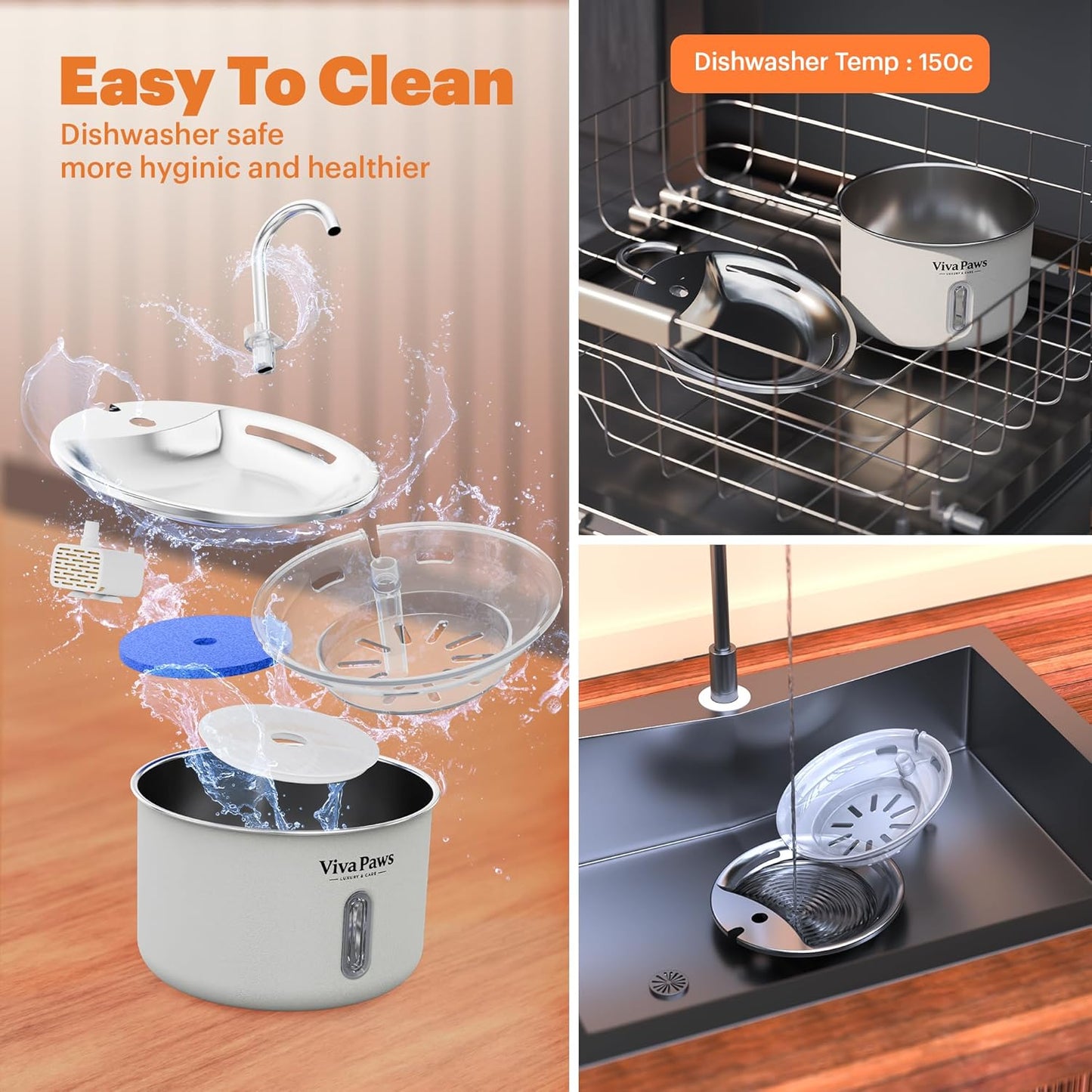 Viva Paws Cat Water Fountain Stainless Steel – Ultra-Quiet Automatic Drinking Fountain for Cats, 2.2L Indoor Pet Fountain with 4-Stage Filtration for Fresh & Clean Water