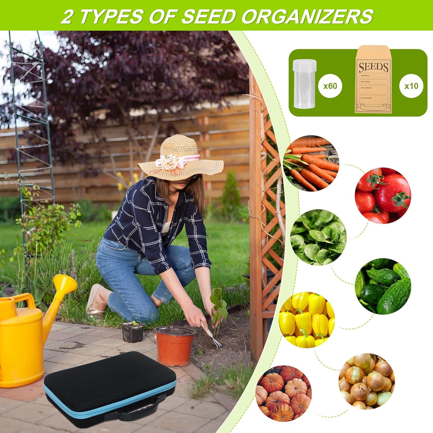 60 Slots Seed Storage Organizer Box with 10 Seed Envelopes, Large Capacity Seed Storage Container with Zipper Bag, Label Stickers, Tweezers, Funnel, Garden Seeds Saver Kit for Vegetable, Flower