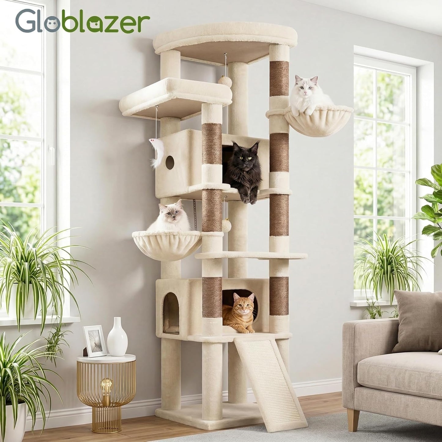 Globlazer Extra Large Heavy Duty Cat Tree, 80in Tall Sturdy Cat Tree Tower for Multiple Indoor Cats Large Adult with Scratching Posts, 2 Spacious Condos with Padding, 2 Soft Perches, S80C, Beige