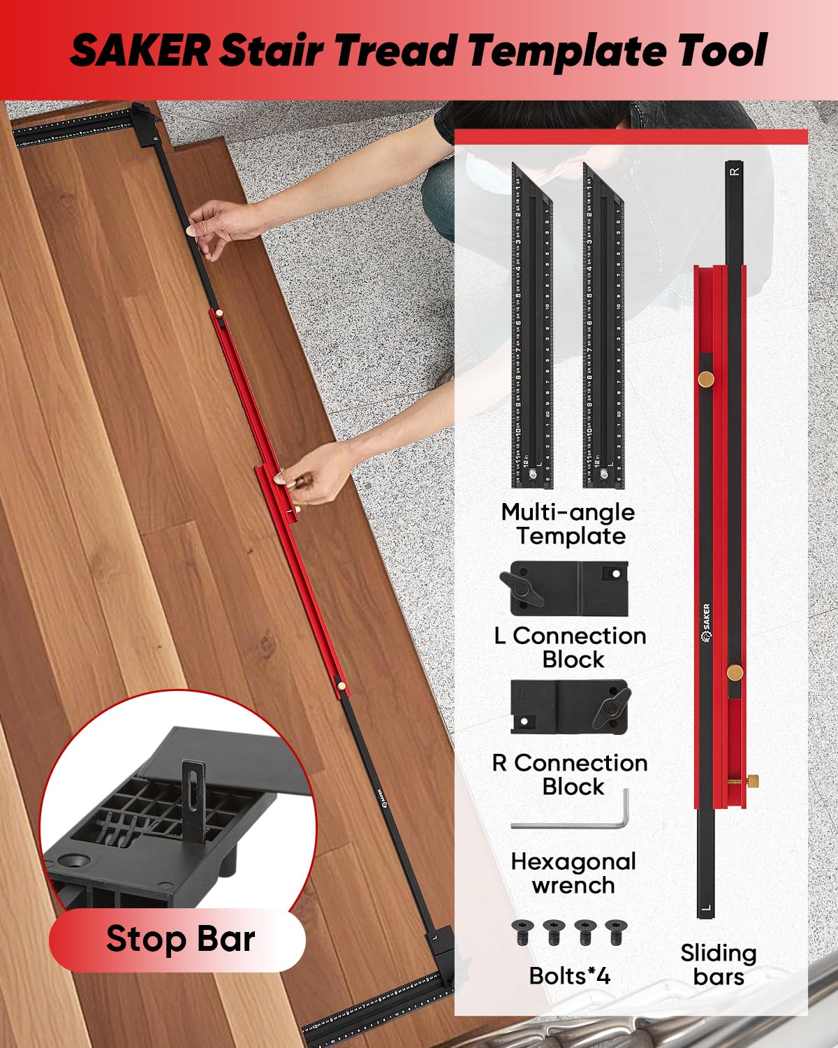 Saker Stair Tread Template Tool,2025 New Stair Measuring Tool,Stair Tread Jig for Measuring Stairs, Adjustable Length Aluminum Alloy Stair Gauge with Edge Stop Bars