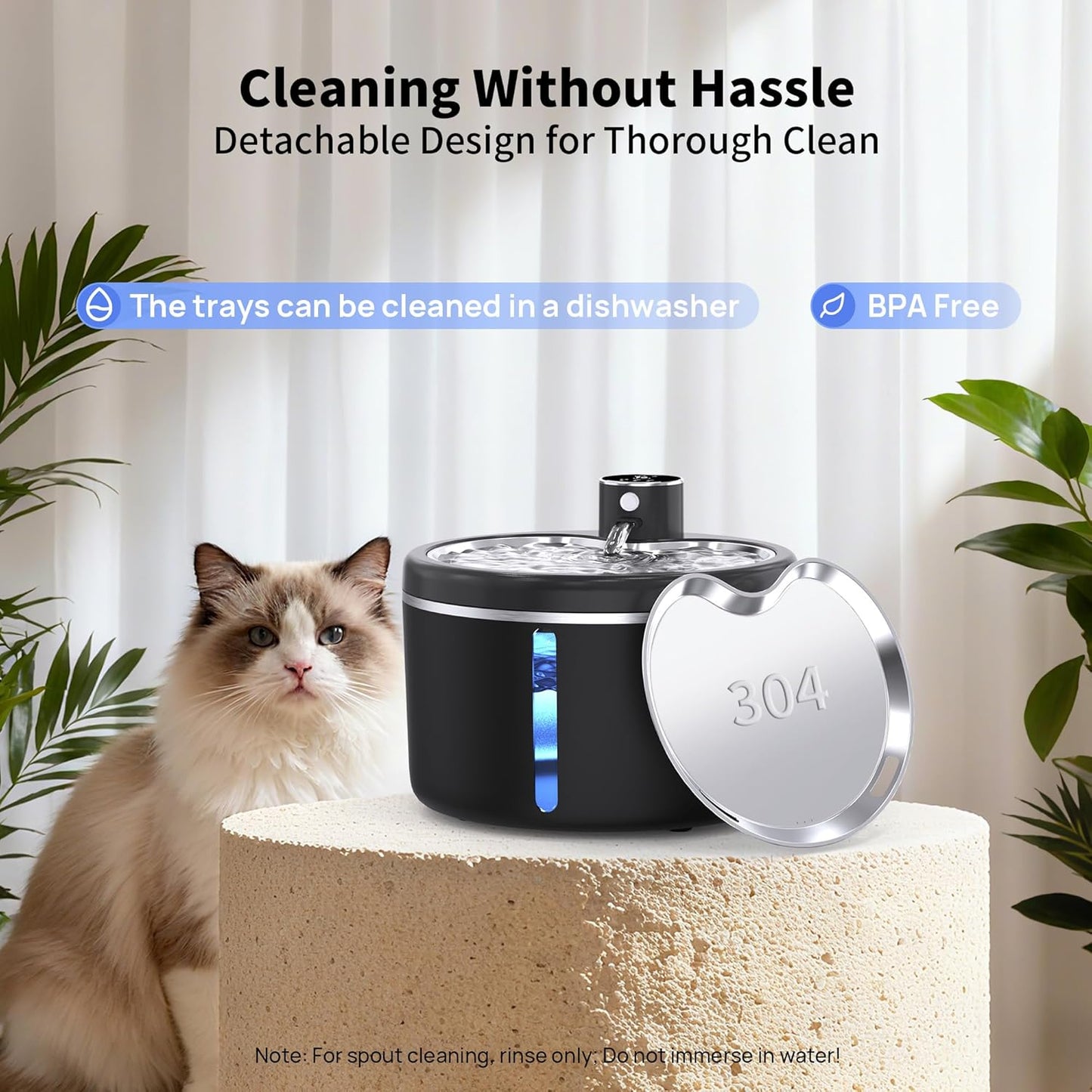 Cat Water Fountain Cordless, 108oz/3L Pet Fountains for Cats Indoor with Stainless Steel Tray, Battery Operated Cat Drinking Fountain with Motion Sens (Black) (Black)