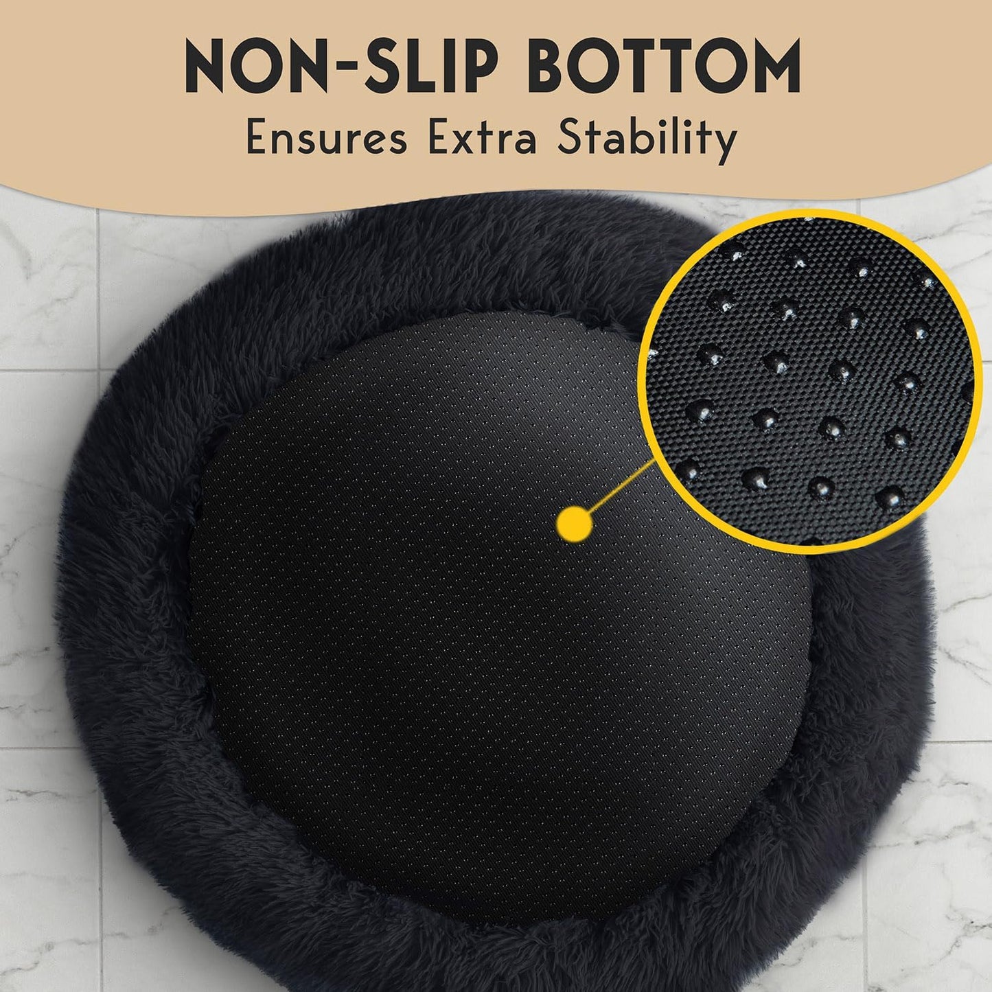 PetJett Large Dog Bed - 36'' Calming Donut Dog Beds, Anti-Slip & Washable Large Round Bed, Fluffy Faux Fur Pet Bed, Super Soft Anti-Anxiety Premium Comfort Bed, Fits Dogs up to 80 lbs - Black