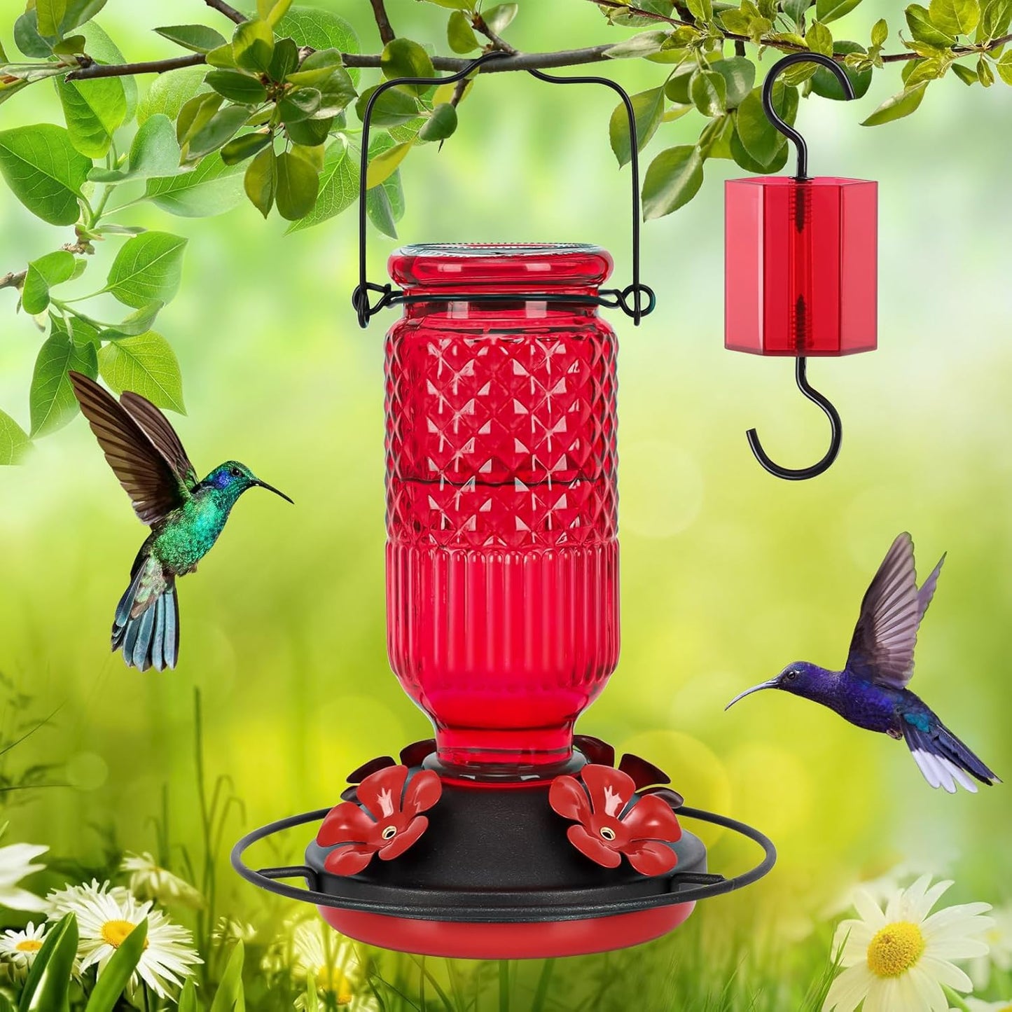 FEED GARDEN Glass Hummingbird Feeder, 16oz Outdoor Hanging Bird Feeder with Ant Moat, 4 Bee-Proof Feeding Ports, 360° Perch, Leak-Proof, Red