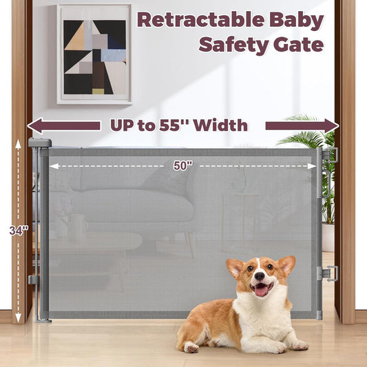 Retractable Baby Gate for Stairs, 55" Wide Mesh Dog Gate Indoor, 34" Tall Child Gate for Doorways, Hallways, Deck, Indoor Outdoor Pet Baby Safety Essentials for Home, Grey