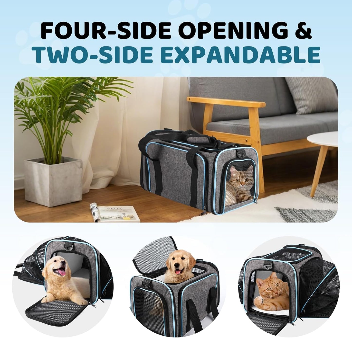 Cat Carrier - Airline Approved Expandable Soft Side Pet Carrier, Collapsible Pet Travel Bag Carrier with Foldable Pet Bowl for Cat Small Animals Under 14LB, 17 * 11 * 11