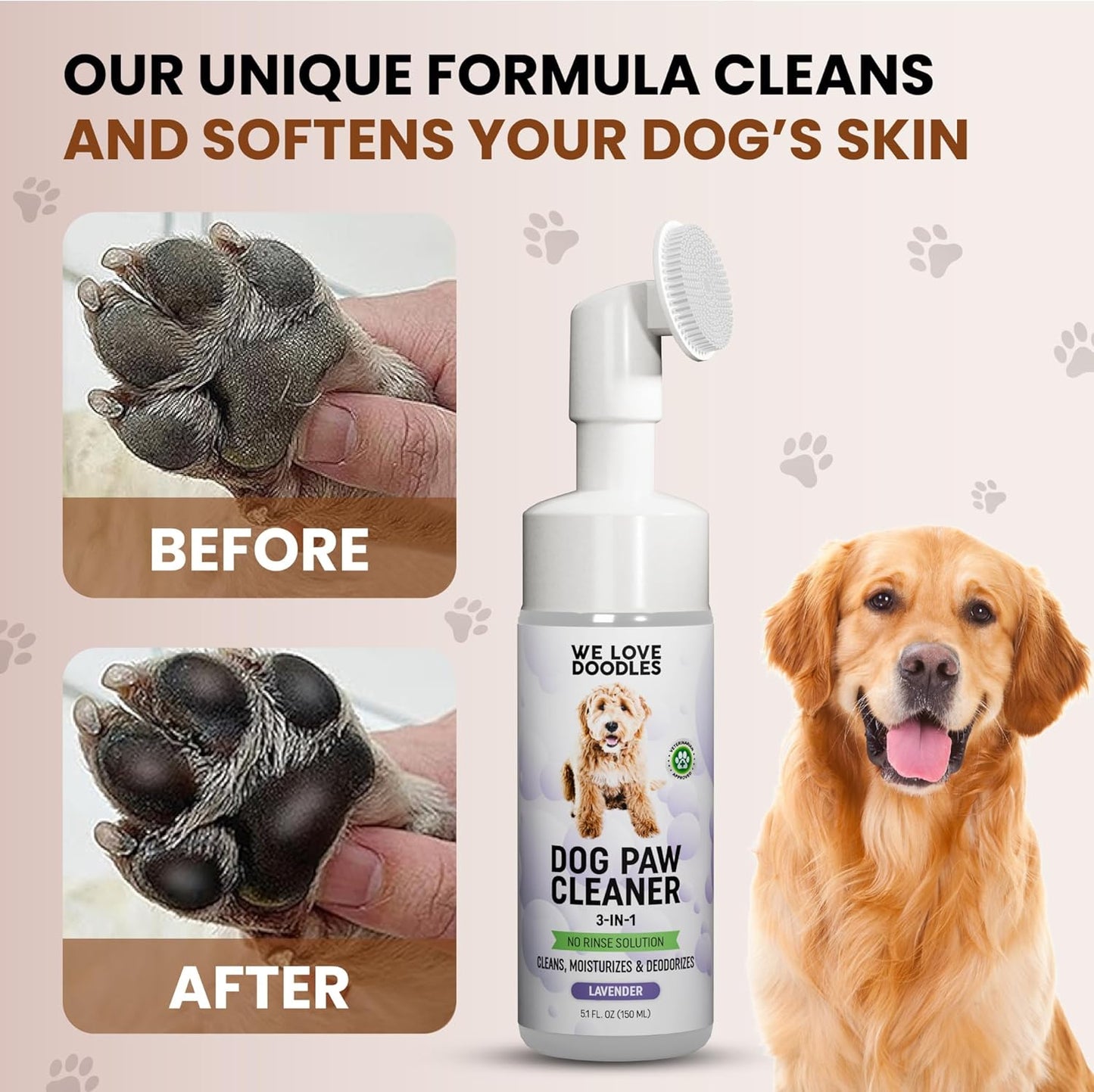 We Love Doodles No-Rinse Dog Paw Cleaner with Built-in Silicone Bristle Brush | 3-in-1 Dirty Paw Washer Foaming Foot Cleaner for Muddy Pet| Gentle Moisturizing Waterless Shampoo - Lavender | 5 fl oz