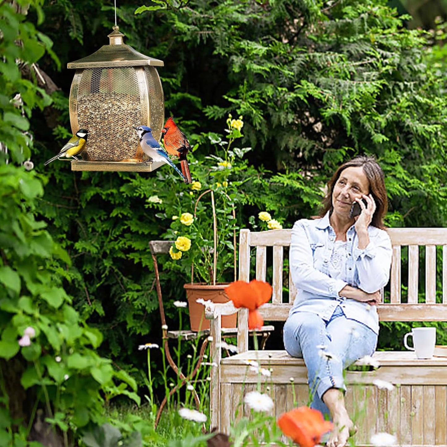 Bird Feeder, Heavy Duty Metal Wild Bird Feeders for Outdoors Hanging, 9 Lbs Extra Large Retro Lamp Shape Birdfeeder for Garden Yard Outside Backyard, Easy Fill