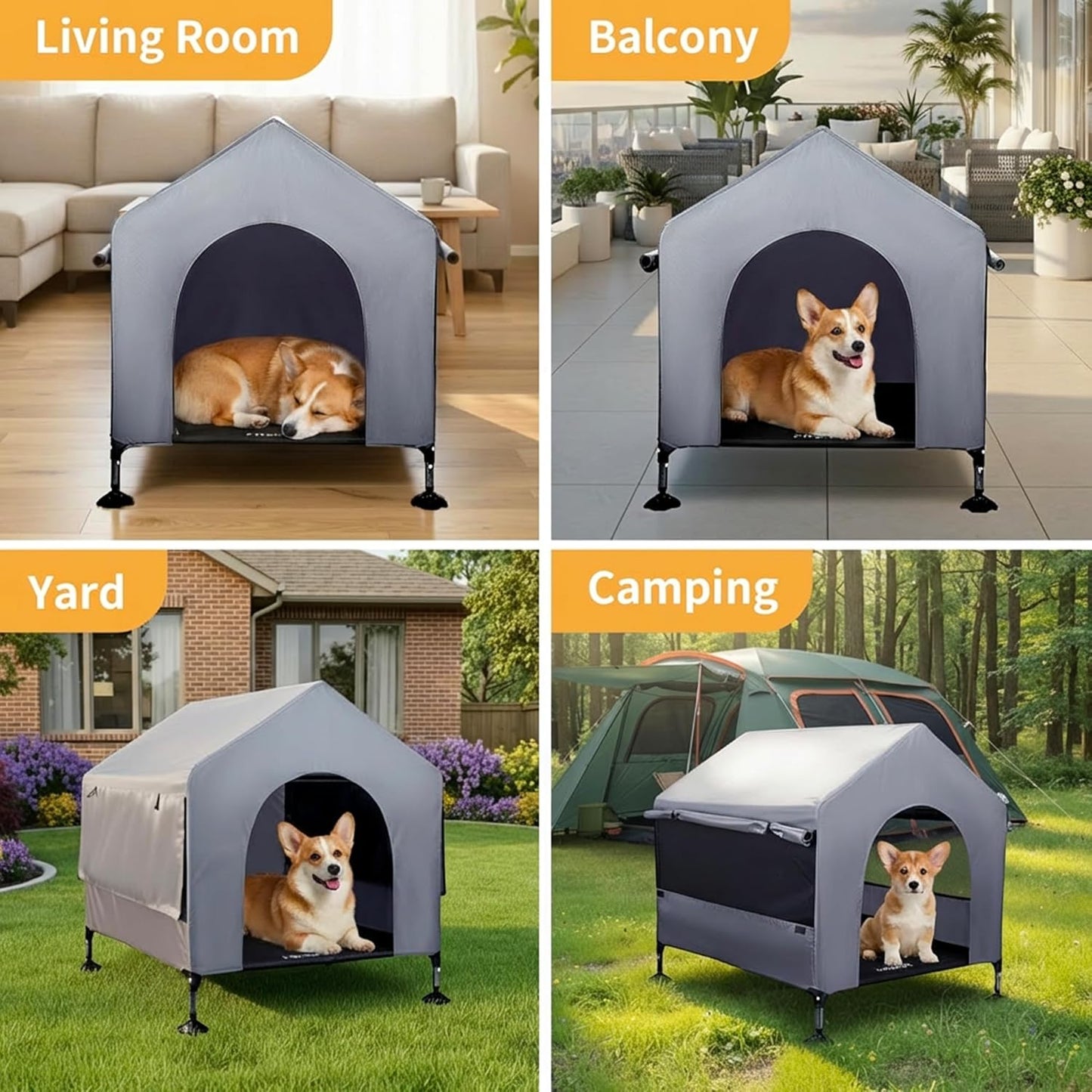 36" Dog House Outdoor Indoor with Breathable Mesh Windows, 2-in-1 Outside Dog House Elevated Dog Bed Cot Dog Tent Shade Shelter, Easy to Assemble & Clean (36 INCH)