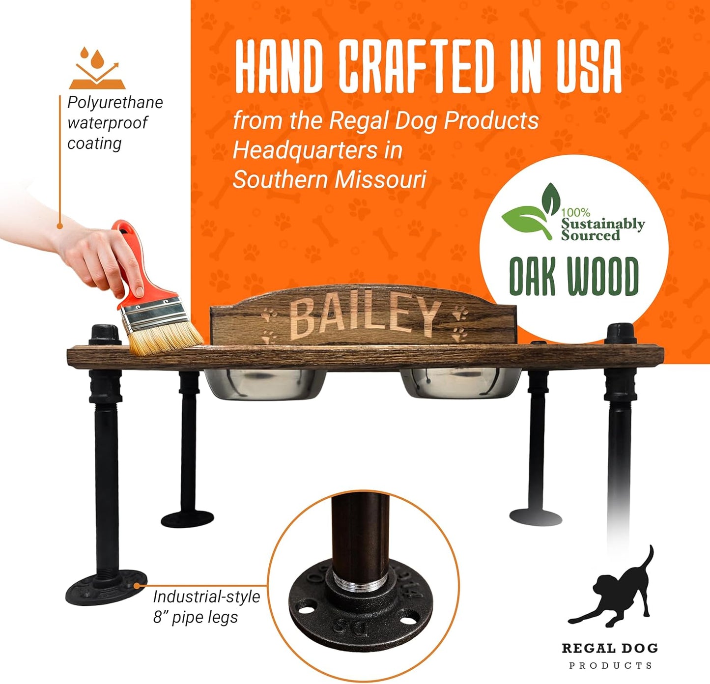 Elevated Dog Bowl Stand with Stainless Steel Bowls | Raised Dog Feeder | Oak Wood with Industrial Pipe Legs | Waterproof Finish | Handmade in USA (No Backsplash)