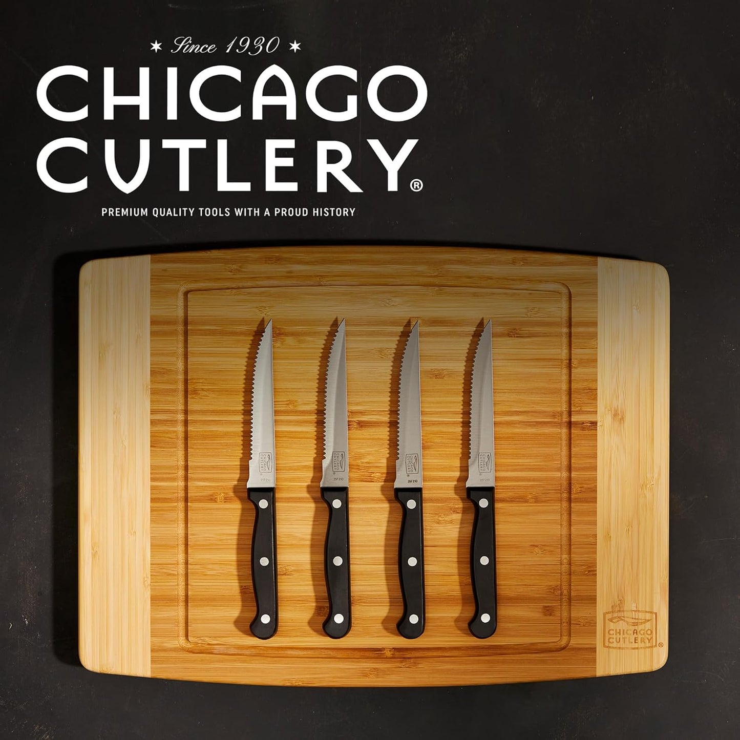 Chicago Cutlery Essentials 4-Piece Serrated Steak Knives, 4.5" Stainless Steel Blades for Effortless Cutting, For Home Kitchen and Professional Use