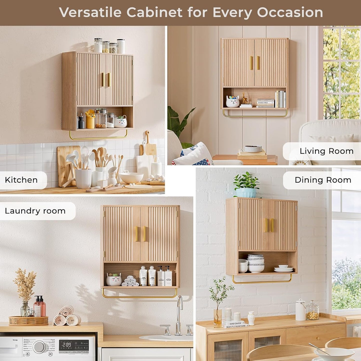 Bathroom Cabinet Wall Mount with Fluted Door Panel & Adjustable Shelf, Medicine Cabinet with Open Partition and Towel Bar, Wall Storage Cabinet for Laundry Room & Kitchen (Natural Oak)