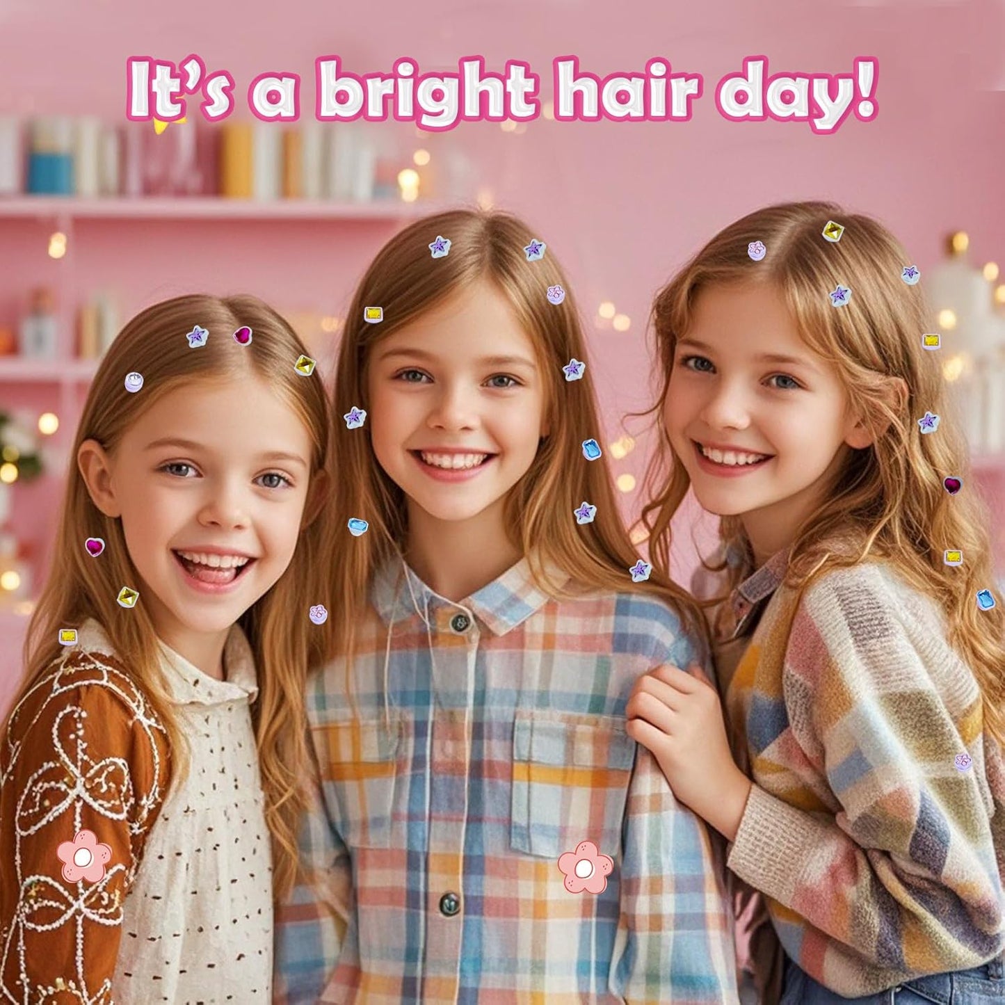 Hair Gem Stamper Kit, Bling Hair Jewels for Girls Toys, Hair Styling Tool with Reusable Shining Diamonds, Birthday Gifts Toys for Girls Ages 3 4 5 6 8-12 (Pink)