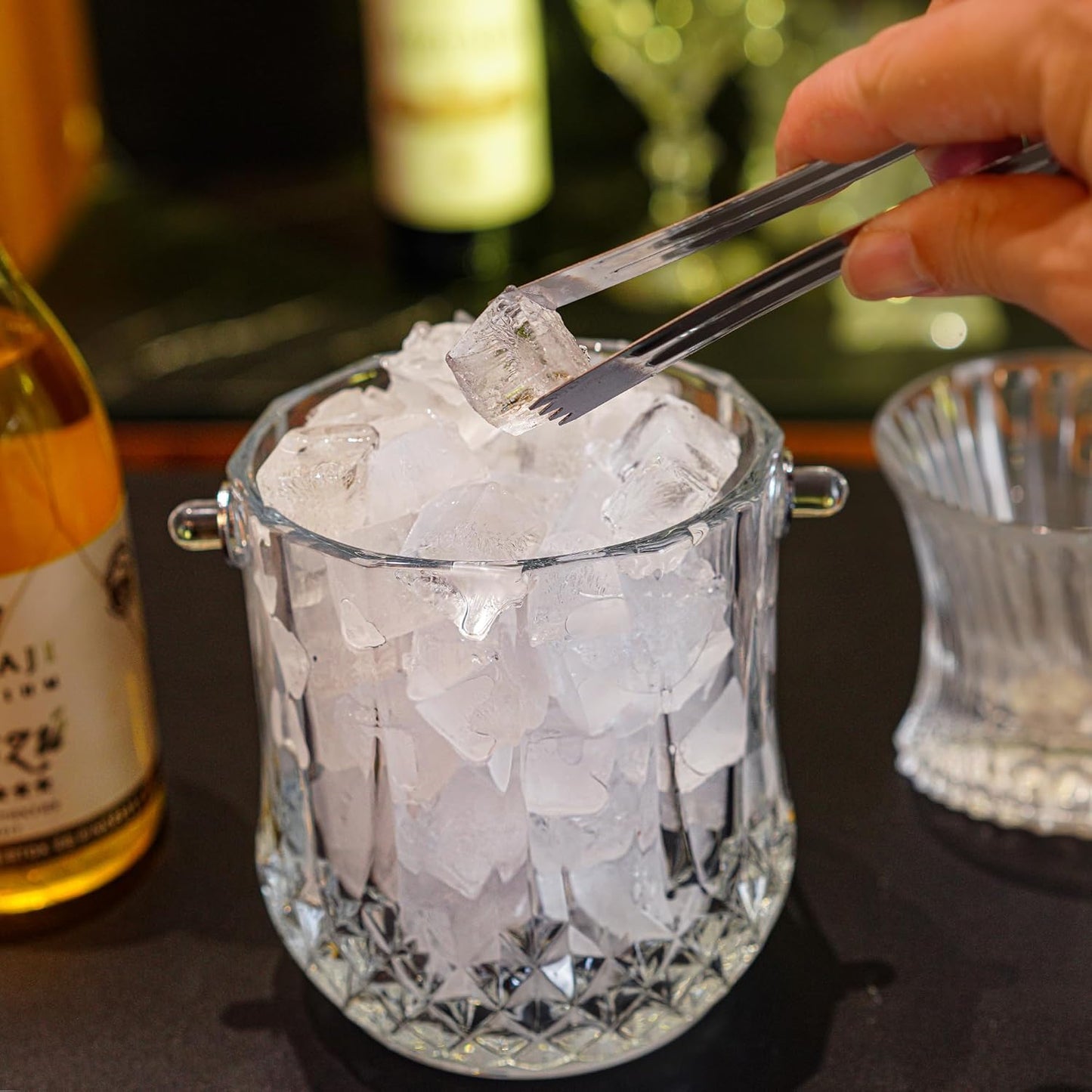 Glass Ice Bucket with Handle and Ice Tong Holds 37oz of Ice Clear Crystal Ice Buckets for Cocktail Bar Wine Home Bar Accessories Parties Clear Champagne Bucket