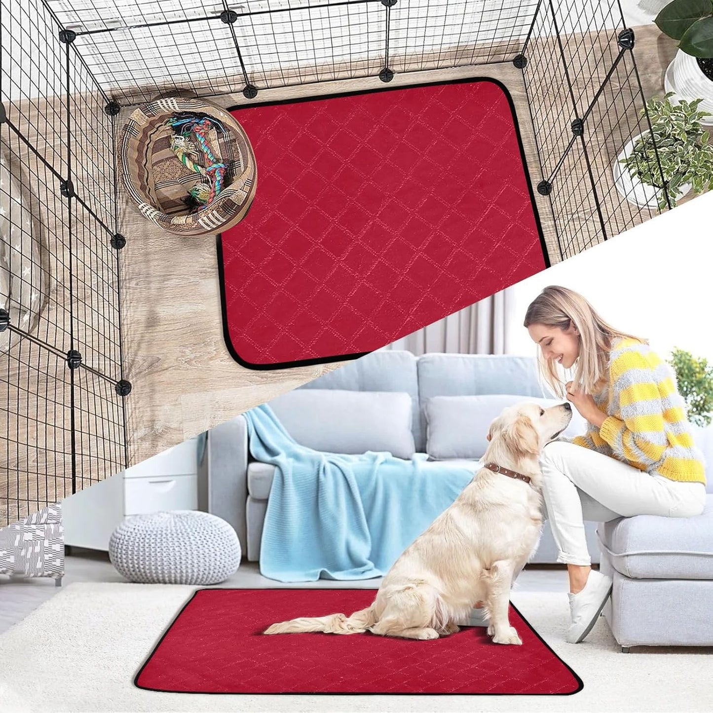 Red Solid Color Washable Pee Pads for Dogs Cats, Reusable Puppy Pads Absorbent Non-Slip Waterproof Pet Training Pads for Potty Training, Playpen, Crate