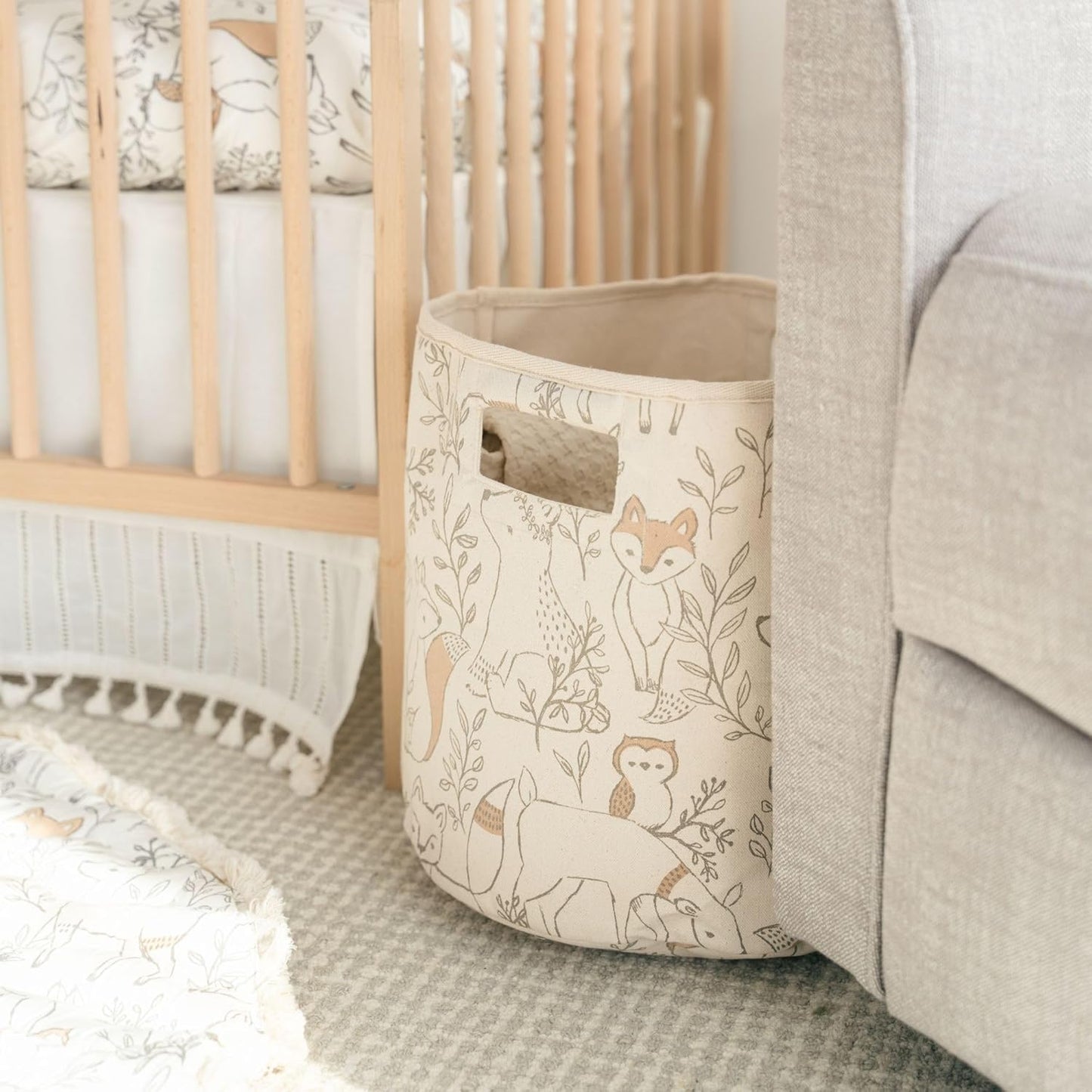 Crane Baby Fabric Round Nursery Storage Basket, Toy Storage, Woodland Nursery Decor, 13"x12", Toy Basket, Baby Storage Organizer, Toy Organizers and Storage Bins, Baby Organizers and Storage, Toy Bins