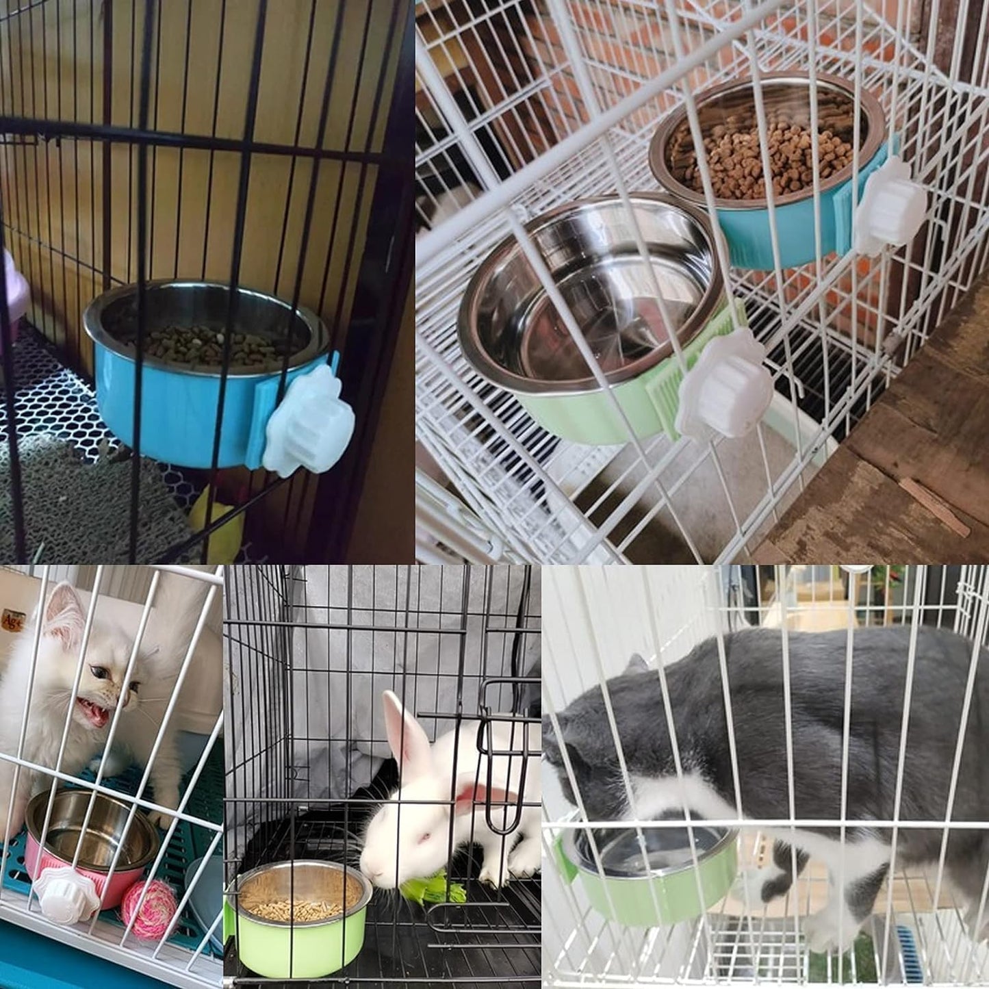 kathson Crate Dog Bowl, Removable Stainless Steel Hanging Pet Kennel Cage Bowl Food & Water Feeder Coop Cup for Puppy, Cat, Rabbit, Guinea Pigs Ferret Bird (2 PCS, Size: M, Blue and Green)