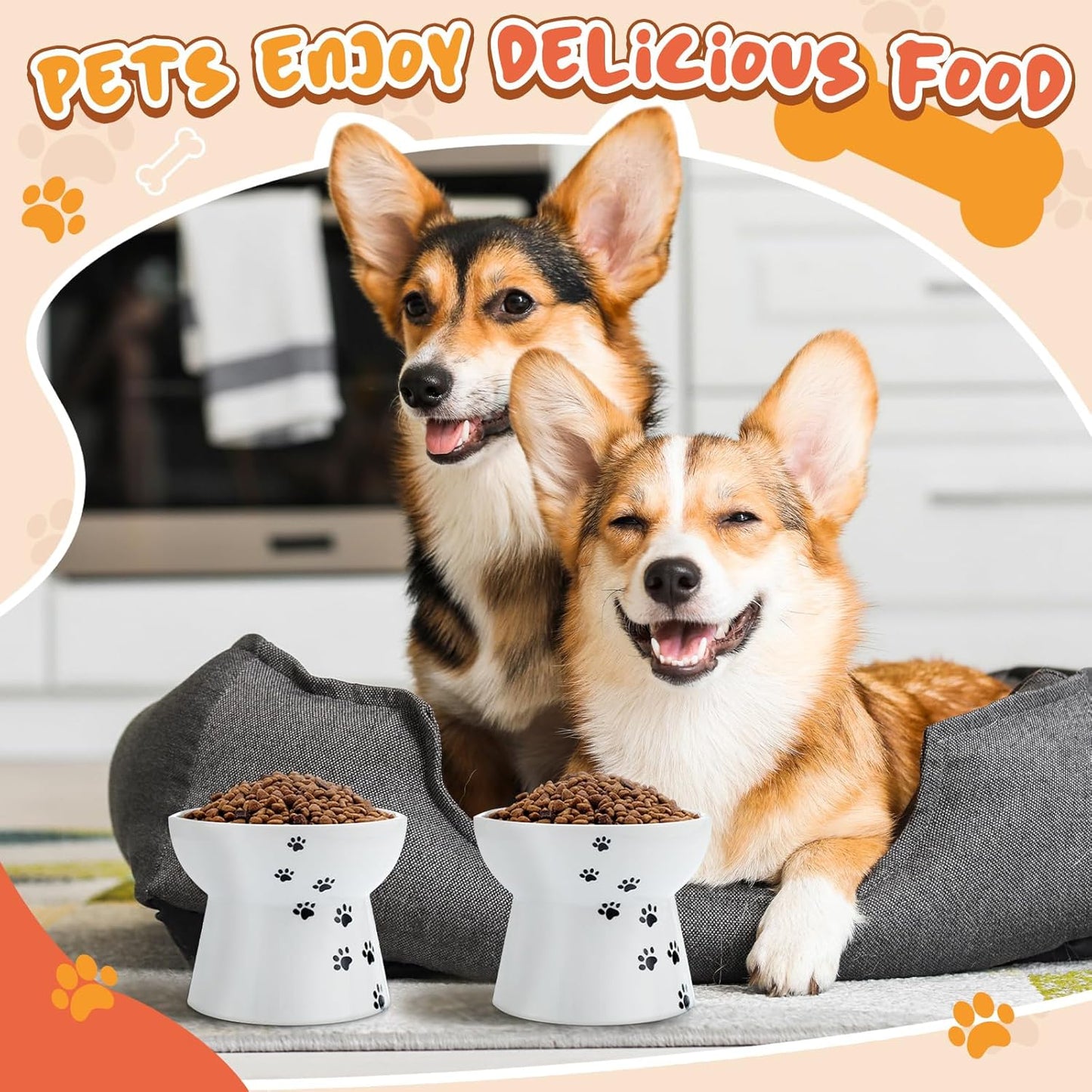 2 Pack Elevated Dog Bowls Cute Ceramic Raised Dog Bowl Nonslip Elevated Water Bowl for Dogs, Dishwasher and Microwave Safe