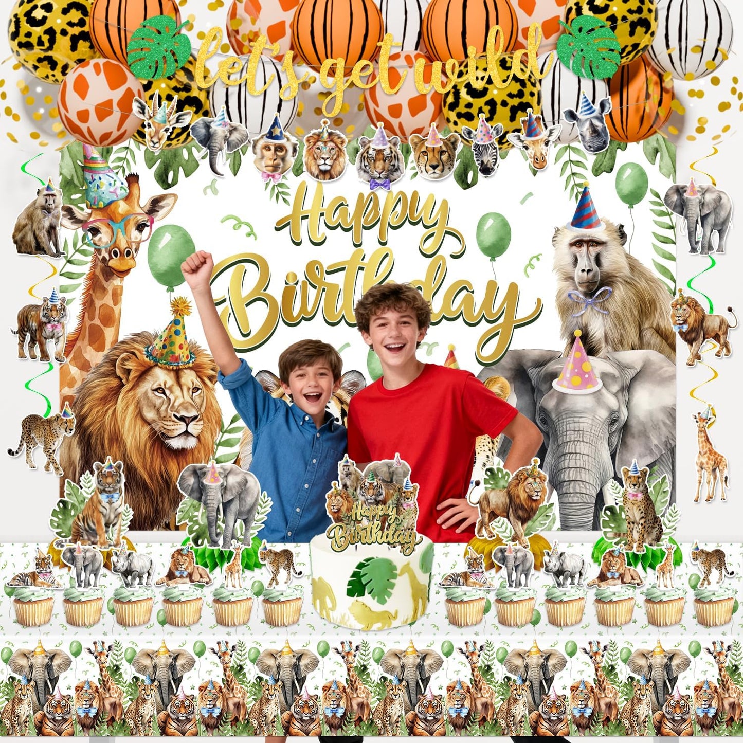 Safari Birthday Party Decorations, Jungle Wild Animals Birthday Party Supplies Decor with Backdrop, Banner, Balloons, Cake Toppers, Tablecloth, Centerpieces, Hanging Swirls