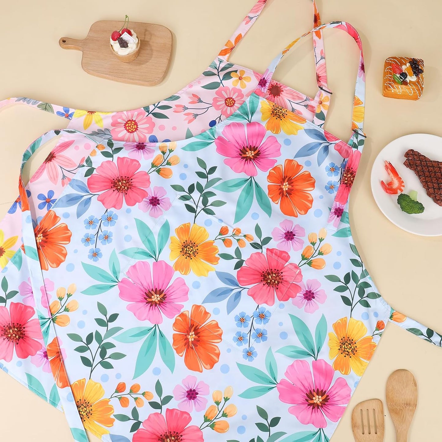 2 Pack Floral Apron for Women with Pockets, Adjustable Kitchen Chef Apron for Cooking, Baking, Gardening, Crafting
