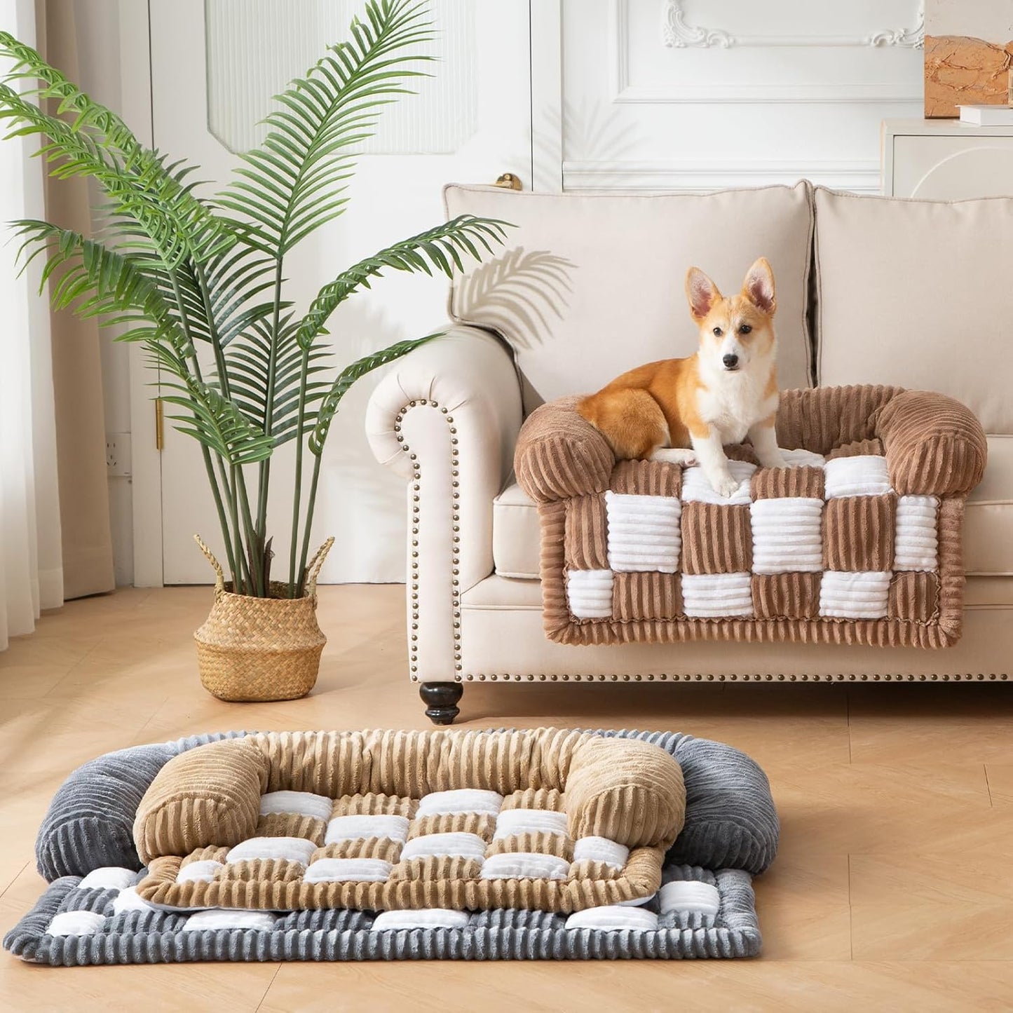 Dog Bed for Couch with Bolster, Comfy Couch Cover for Dogs Washable, Non-Slip Plush Furniture Protector, Calming Fuzzy Lounge Mat, Pet Sofa Accessories (Camel, Large)