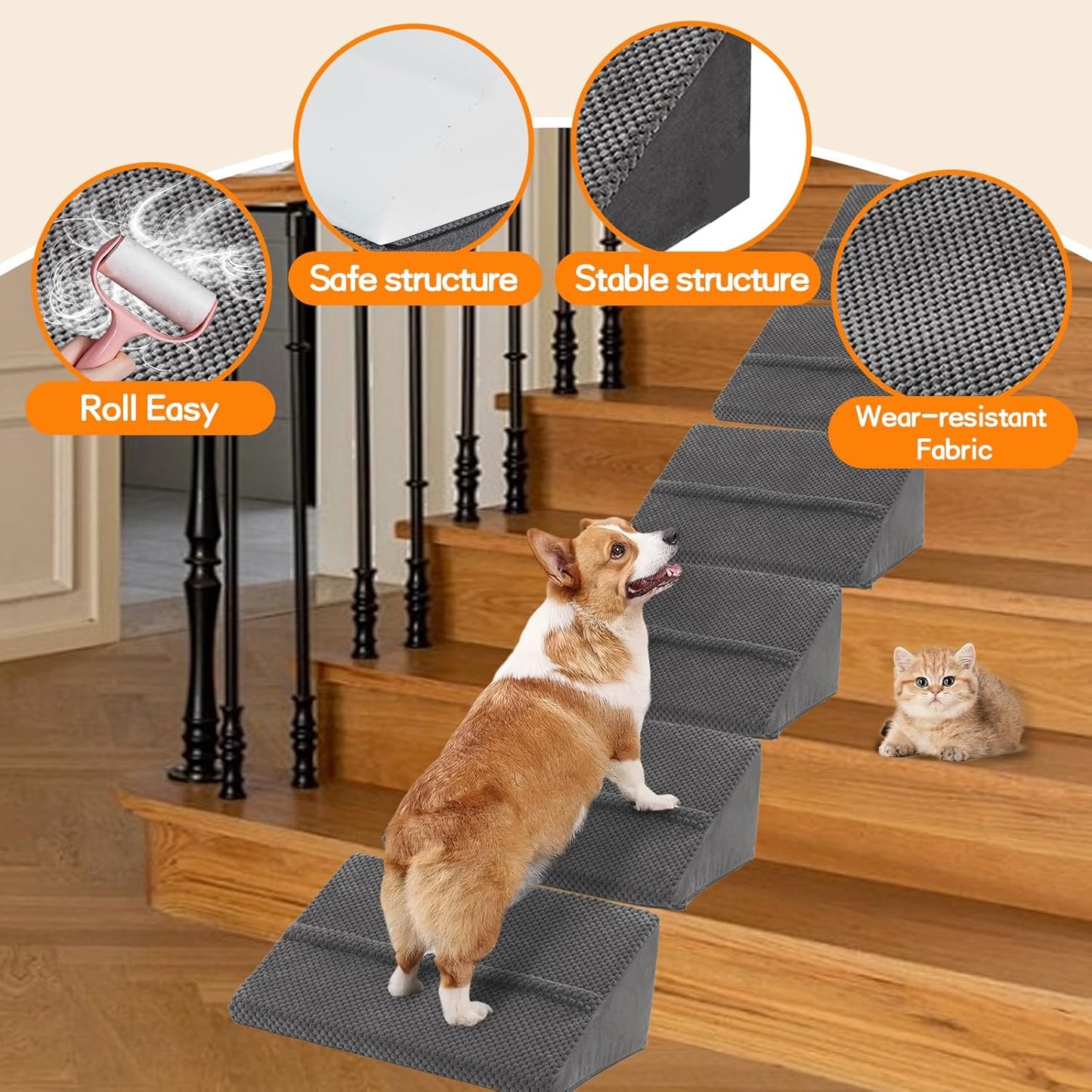 Dog Ramp for Stairs for Small & Senior Dogs and Cats, Non-Slip Foam Indoor Pet Ramp with Self-Sticky Pads, Dog Ramp for Stairs Inside House(Dark Gray, 6 Pack)