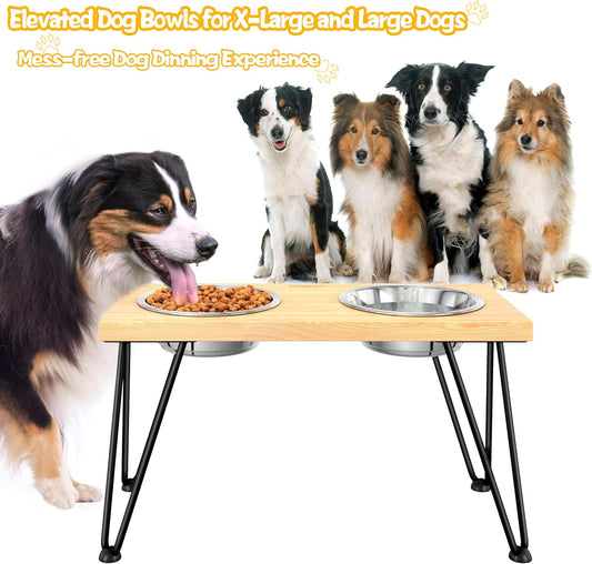 ROTHLEY Elevated Dog Bowls: Raised Dog Bowl Stand for Large Dogs Oak Wood Dog Food Stand with 2 Stainless Steel Bowl Set Aesthetic Modern Dog Feeding Table with Non-Slip Hairpin Legs for Tall Dogs