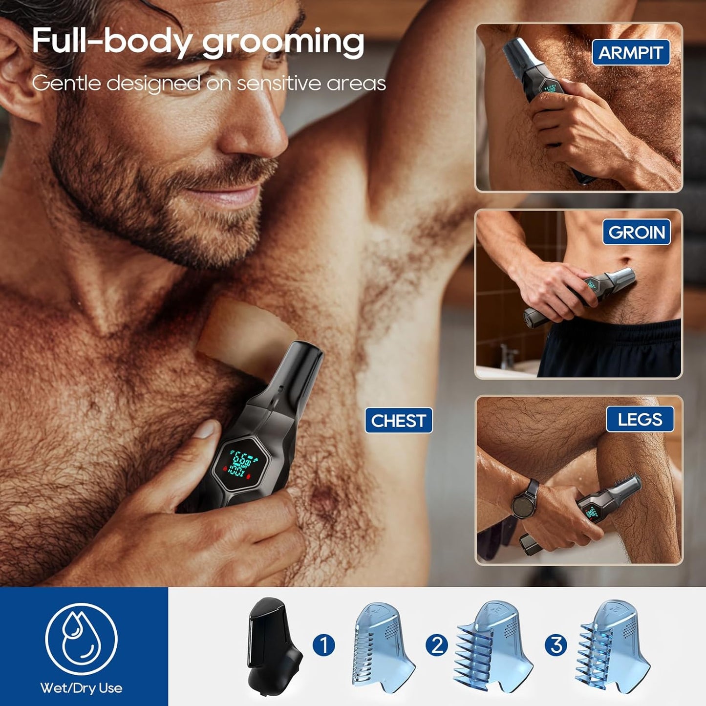 Beard Trimmer for Men, Magnetic Snap-on Replacement Heads & Charging Dock, IPX7 Waterproof Cordless Hair Clippers, Mens Grooming Kits for Mustache/Body/Face/Ear/Nose, Gray