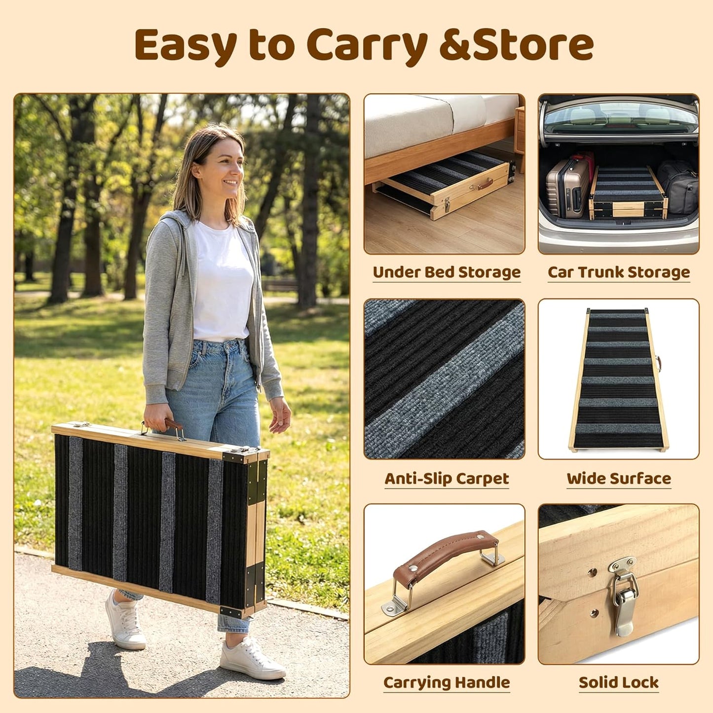 Foldable Dog Ramp for Bed - Non-Slip Dog Ramps for Small Dogs for Couch, SUV & Truck - 5 Adjustable Height from 17'' to 29'' Pet Steps to Go on Bed, Supports Up to 200lbs