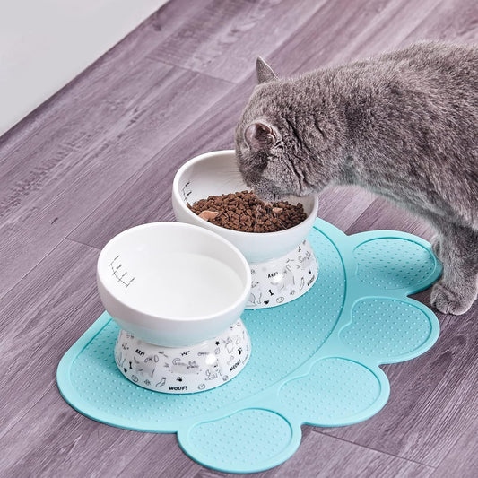 Ceramic Raised Cat Bowl Set | Elevated Food and Water Bowls for Cats and Small Dogs | 2 Pack Tilted With Anti-Slip Silicone Mat (Gray)