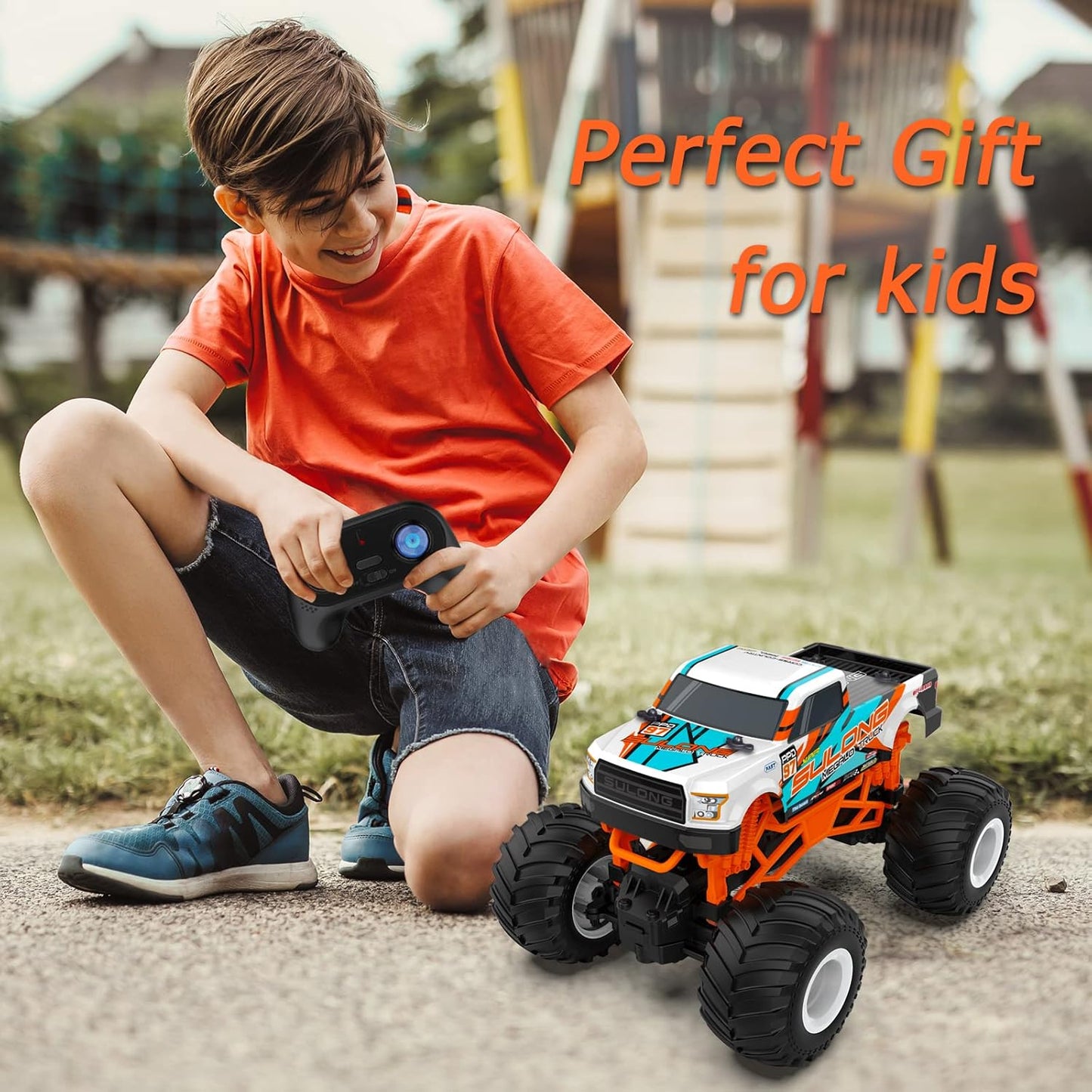 Remote Control Car, 1:16 Scale RC Monster Truck for Boys, 2.4 GHz All Terrain RC Cars for Boys Girls 4-7 8-12, 20 Km/h Off Road RC Truck, Christmas Birthday Gift for Kids and Adult, Orange