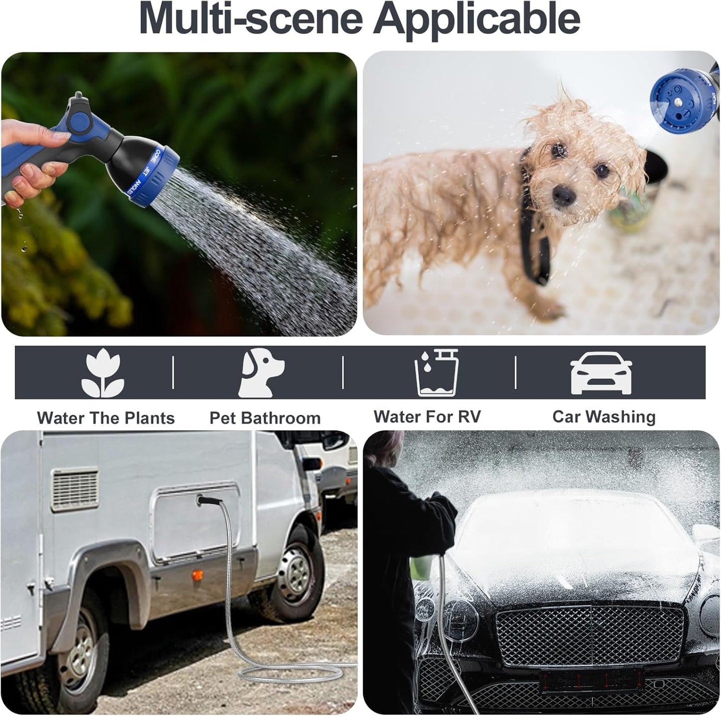 SPECILITE 50ft 304 Stainless Steel Garden Hose Metal, Heavy Duty Water Pipe with Nozzles for Yard, Outdoor - Flexible, Never Kink & Tangle, Puncture Resistant (Sliver)