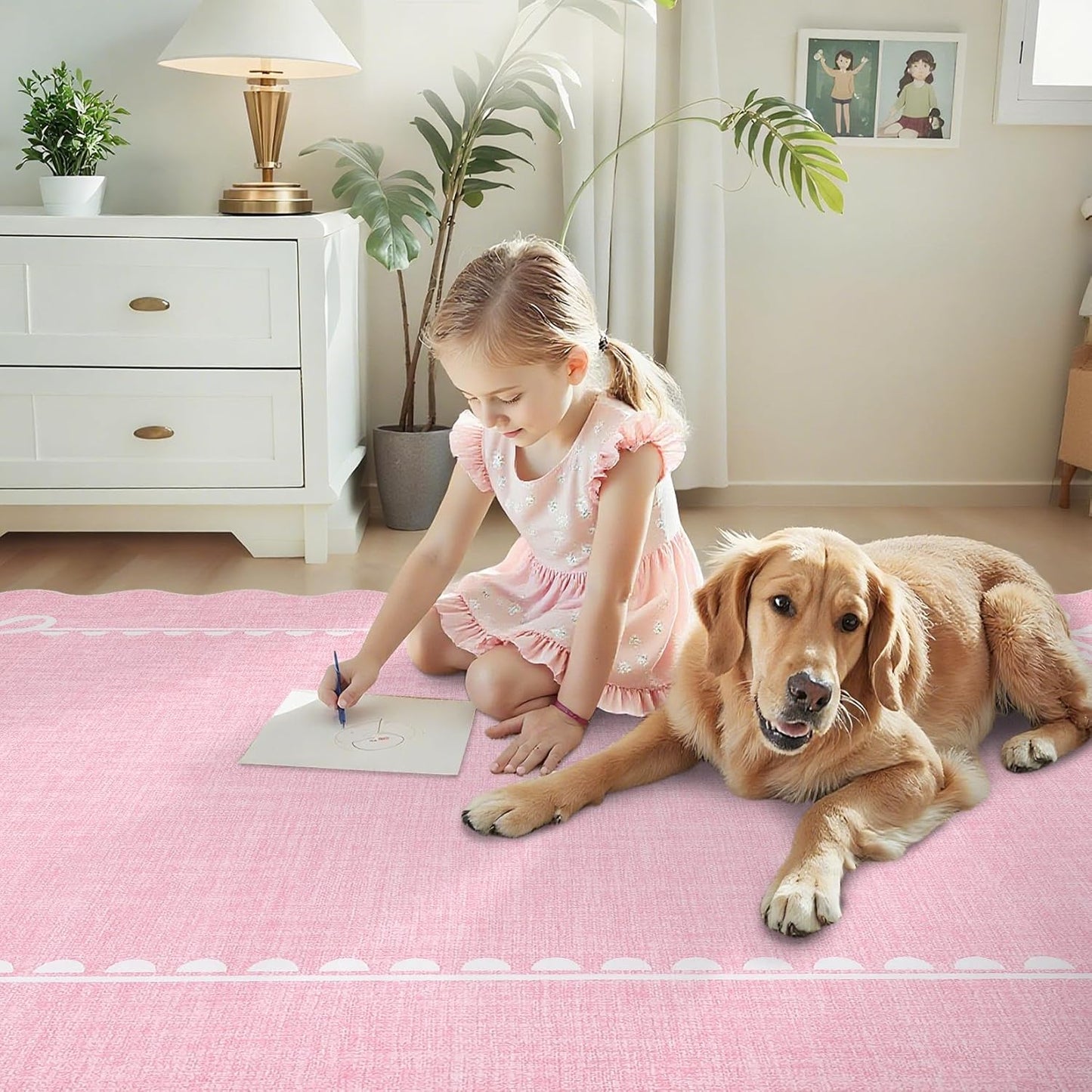 GarveeHome Scalloped Bow Rug for Living Room, Solid Pink Rug for Dorm, Washable Rugs 5x7 Soft Low Pile Non Slip Scalloped Rugs for Nursery College Bedroom Decor Kids Room Playroom