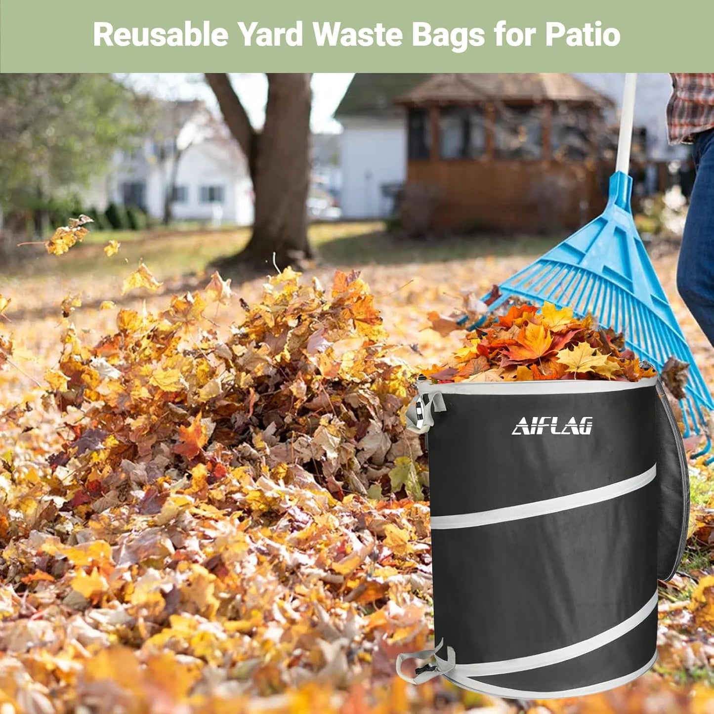 Collapsible Trash Can for Yard Waste & Camping, 42 Gallon Pop-Up Garbage Bag with Hard Bottom & Zipper Lid, Heavy Duty Reusable Outdoor Trash Can for Lawn Care, Garden, RV, Indoor Storage