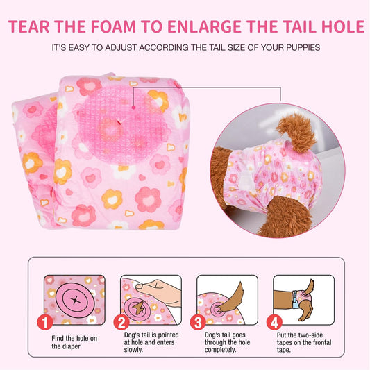 Pet Soft Dog Diapers Female, Disposable Female Dog Diaper, Doggie Diapers for Cat Puppy with Adjustable Foam Tail Hole(Pink,12M)