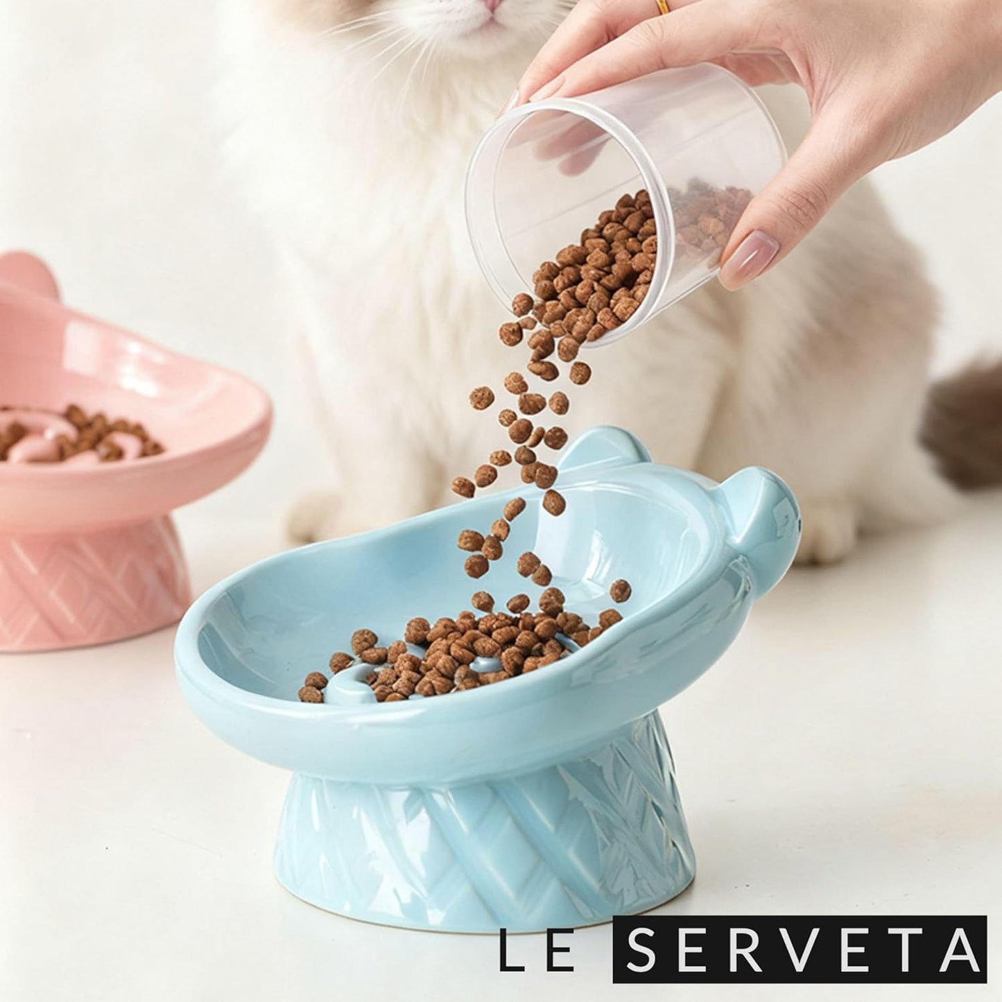 Winnie The Pooh Series Ceramic Slow Feeder Cat Bowl, Raised Anti-Gulping Design with Bear Ears, Pastel Colors, Quilted Pattern Base (Creamy Yellow)