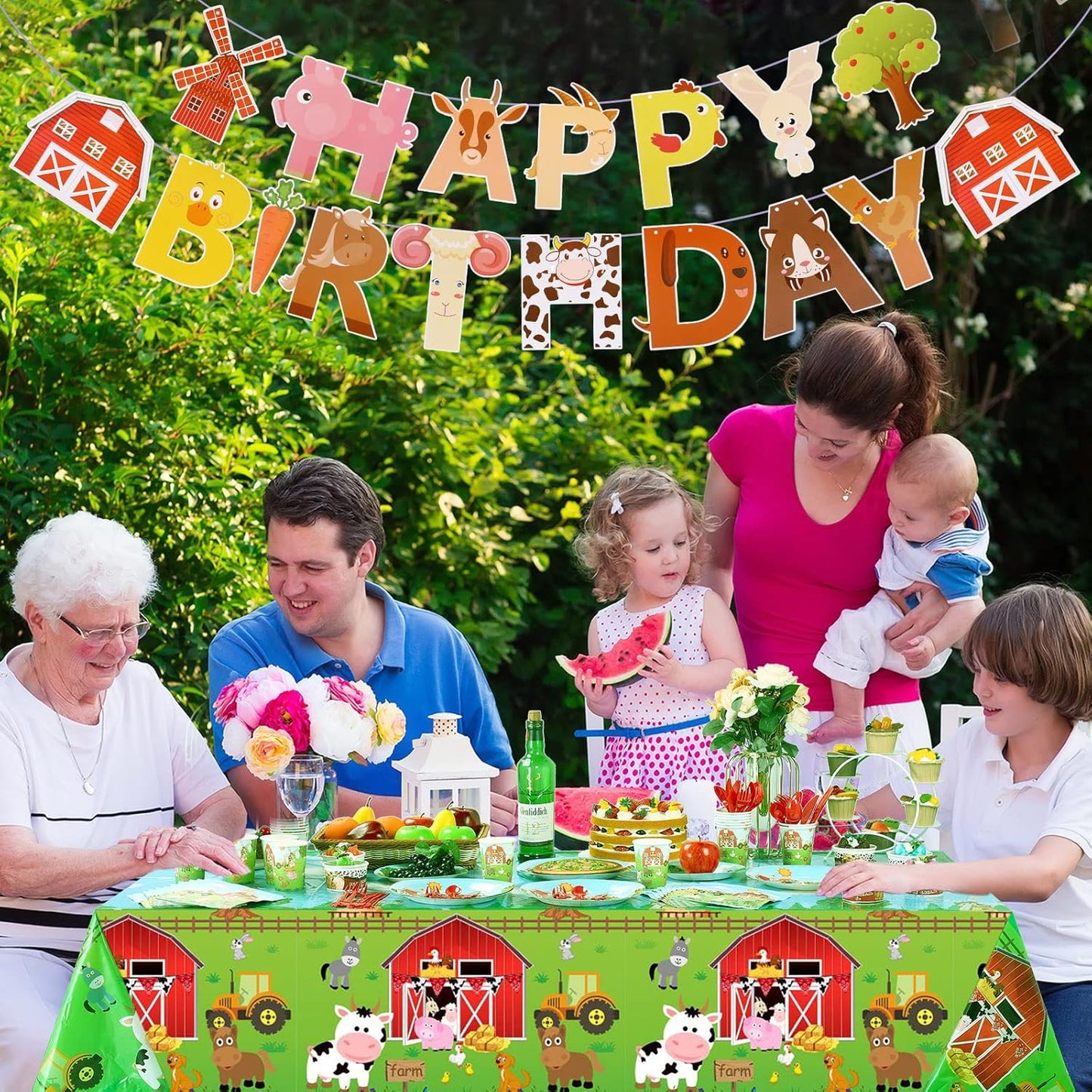 Pajean 171 Pcs Farm Animals Birthday Party Supplies, 24 Guests Barnyard Theme Disposable Tableware Set, Includes Banner, Tablecloth, Plates, Cups, Napkins, Cutlery for Baby Shower, Summer Picnic