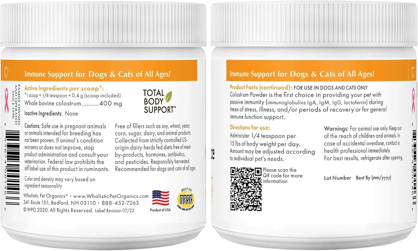 Wholistic Pet Organics Colostrum for Dogs & Cats - Bovine Colostrum Powder - Cat & Dog Allergy Relief, Immune Support & Itching Skin Relief - Cat and Dog Vitamins for Itchy Skin - 2 oz - 140 Scoops