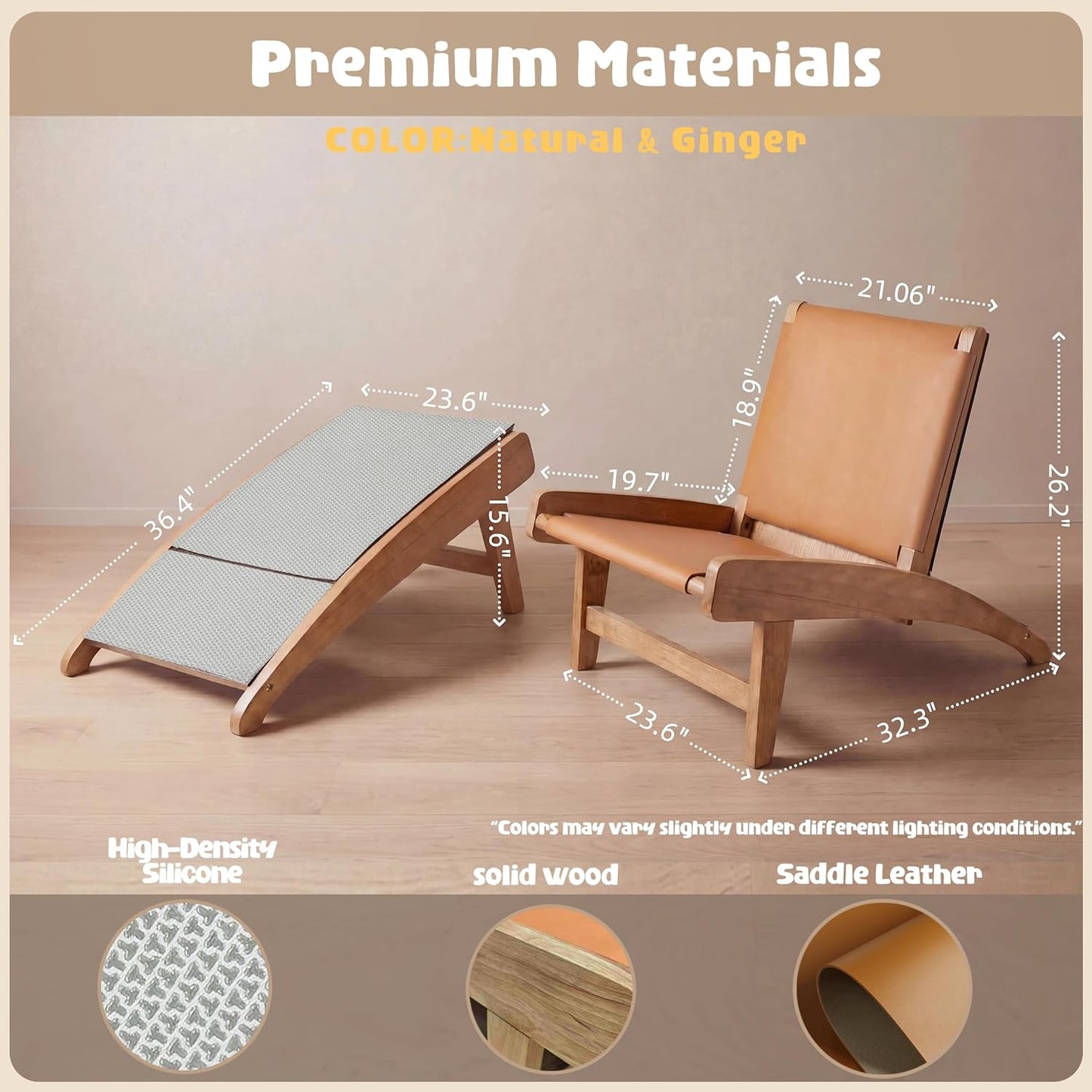 Dog Stairs for Couch 15.6" H, 23.6" W Saddle Leather Accent Chair Dog Ramp with Anti‑Slip Silicone Mat, 25° Angle 2 in 1 Transformable Wooden Pet Steps for living room for Small to Large Dogs(Natural)