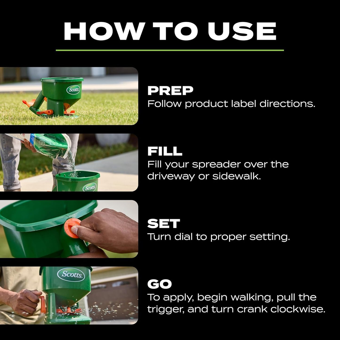 Scotts Whirl Hand-Powered Spreader - for Grass Seed, Lawn Fertilizers, Salt, and Ice Melt, Handheld Spreader Holds up to 1,500 sq. ft. of Product