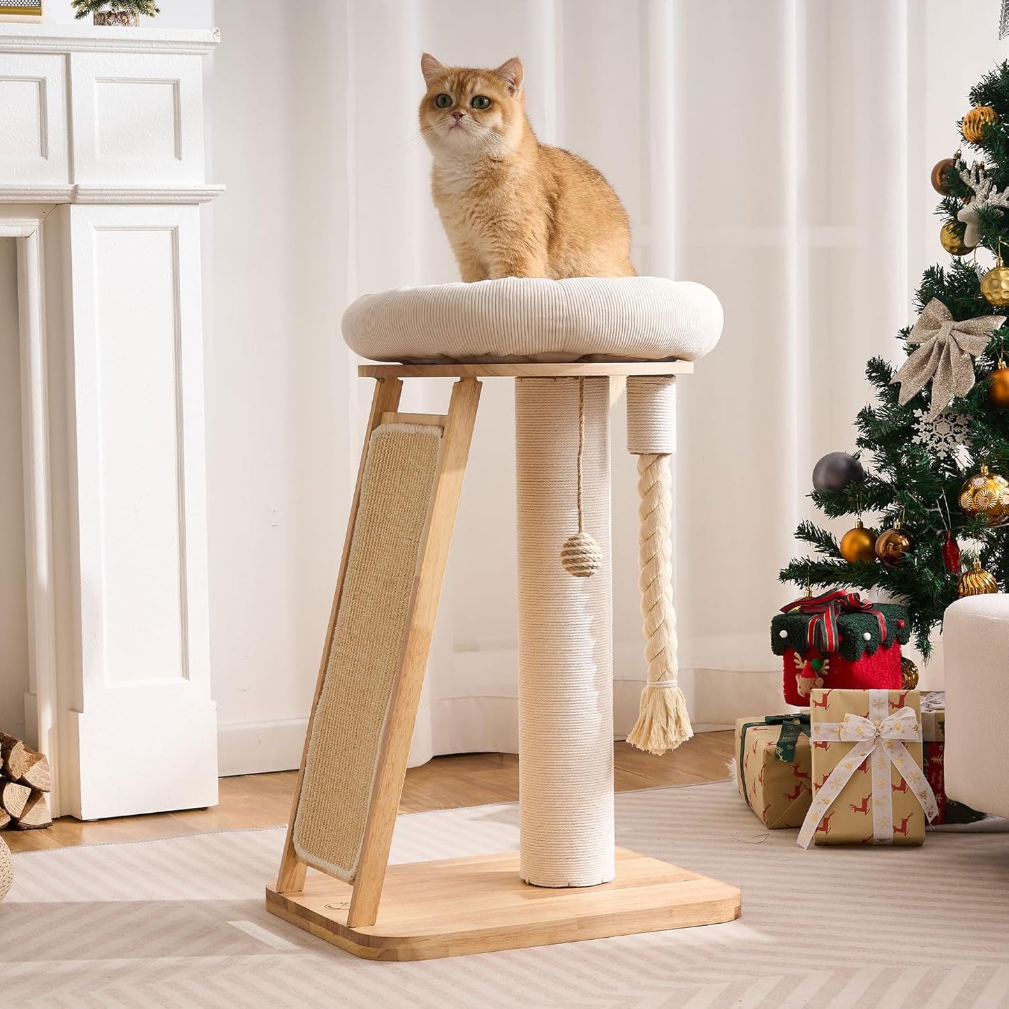 Modern Cat Tree Small Tower with Scratching Post for Indoor, Solid Wood Multifunctional Corner Cat Tree Tower with Bed, Dangling Ball,Interactive Rope, Scratching Board