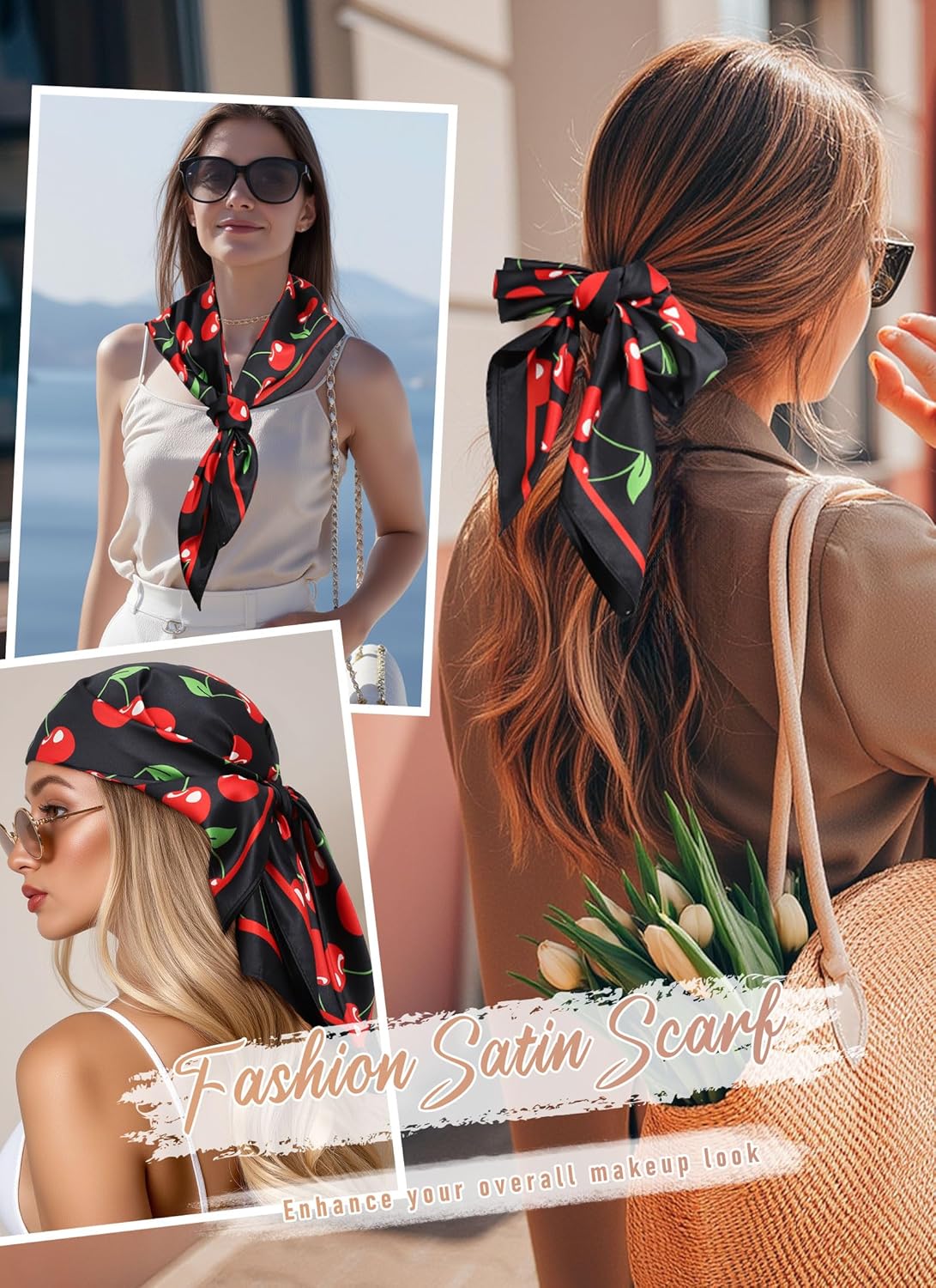 CHLINS 27.5” Cherry Square Head Scarf Hair Scarf for Women's Hair Silk Bandana Head Wrap for Sleeping & Handbags Accessories
