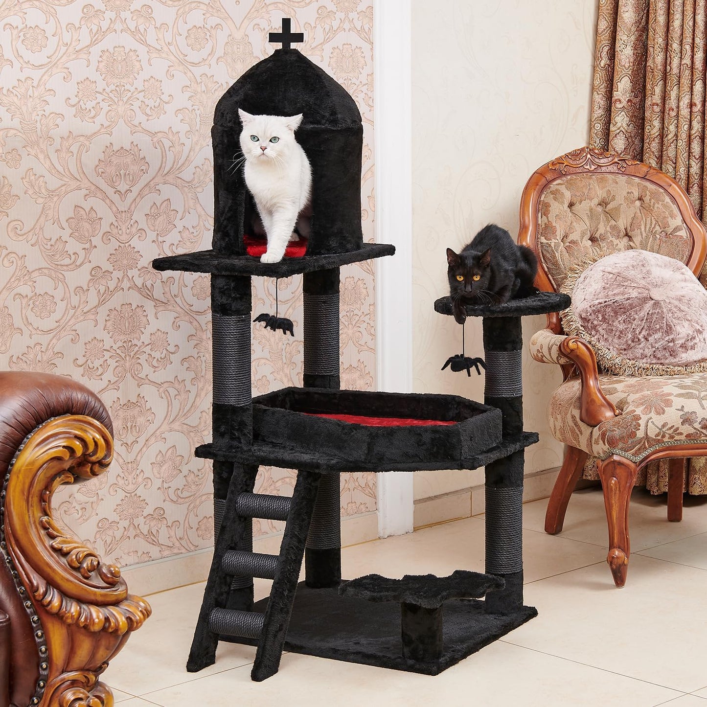 Gothic Cat Tree with Coffin Bed,55" Cat Tower with Spacious Cat Condo,Scratching Posts,Spider Hanging Ball,Multi-Level Cat Activities Furniture for Large Cats, Black Halloween