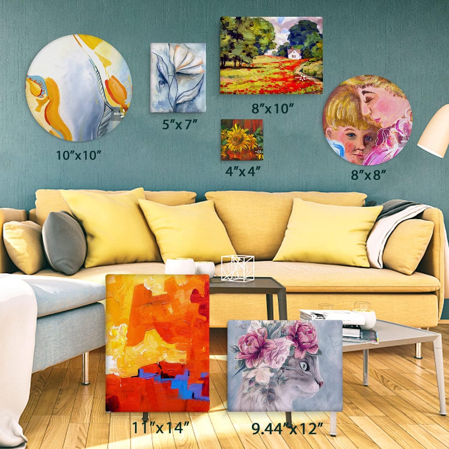 14 Packs Stretched Canvases for Painting, Multi Pack 11x14, 9.44x12, 8x10, 5x7, 4x4, Round Canvas with 8x8,10x10(2 of Each), Blank Primed Canvas, for Oil Paint, Acrylic Paint, for Beginners, Artists.