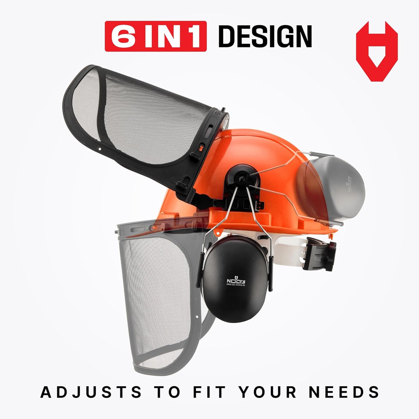 NoCry 6-in-1 Industrial Chainsaw Helmet with Face Shield and Ear Muffs — Mesh & Clear Plastic Visors Included — ANSI Z89.1 Certified — Adjustable Headgear — Ideal for Forestry and Arborist Work
