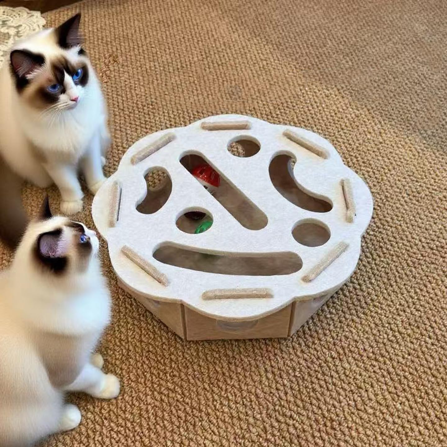 Interactive Cat Toy Box with 3 Jingle Balls β Felt Puzzle Feeder Maze for Cats, Educational Slow Feeder Toy, Indoor Cat Entertainment, 30cm Round Smart Cat Play Box (Camel White)