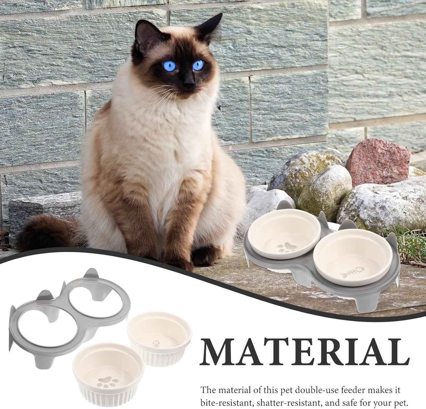 FAVOMOTO Ceramic Cat Feeding Bowl Set Elevated Tilted Double Bowls with Thick Gray Ceramic and Sturdy Stand for Whisker Relief Household Pet Feeding Supplies